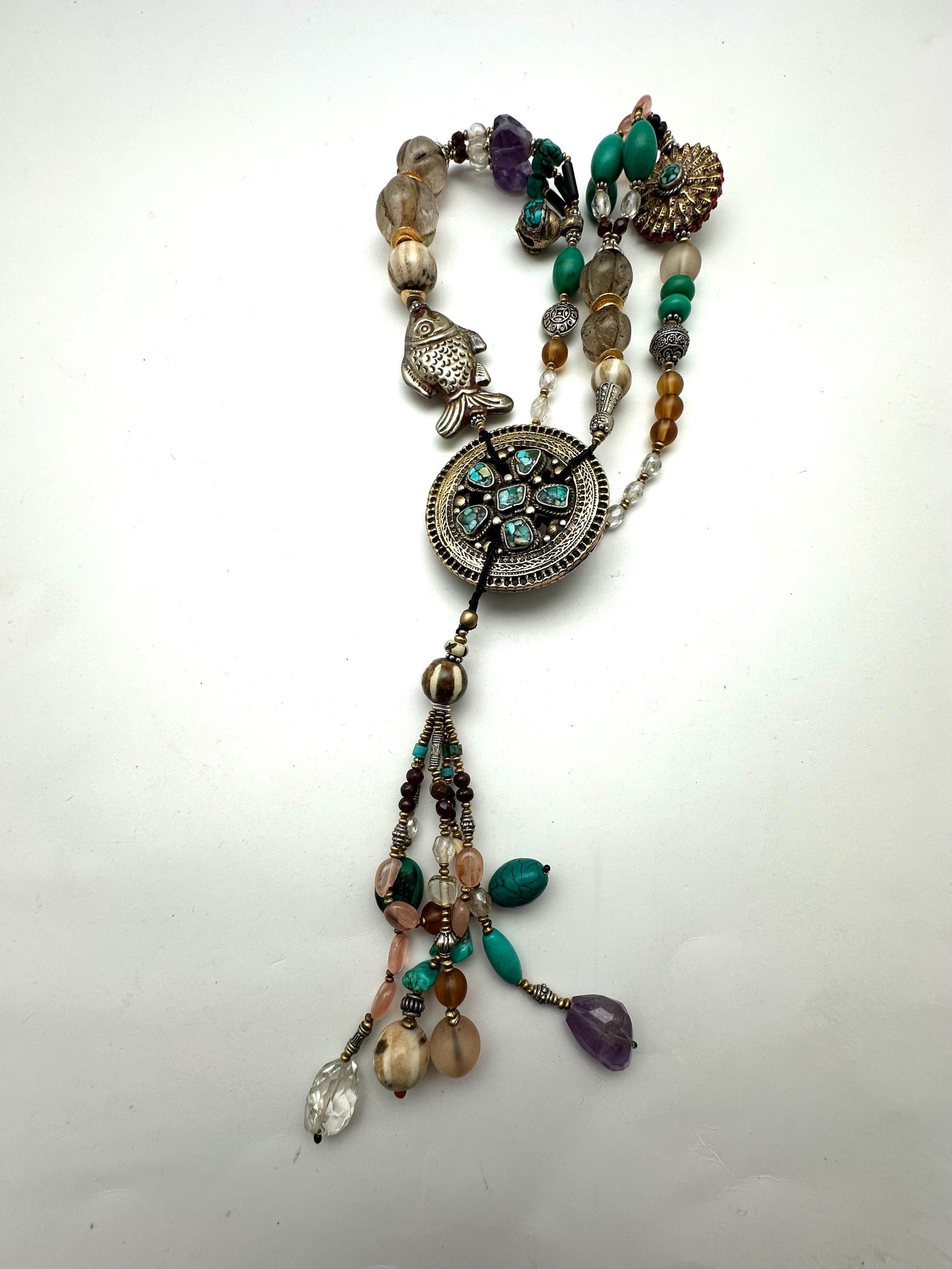 Vintage Tibetan Turquoise Necklace, Quartz Crystal, Amethyst, Agate