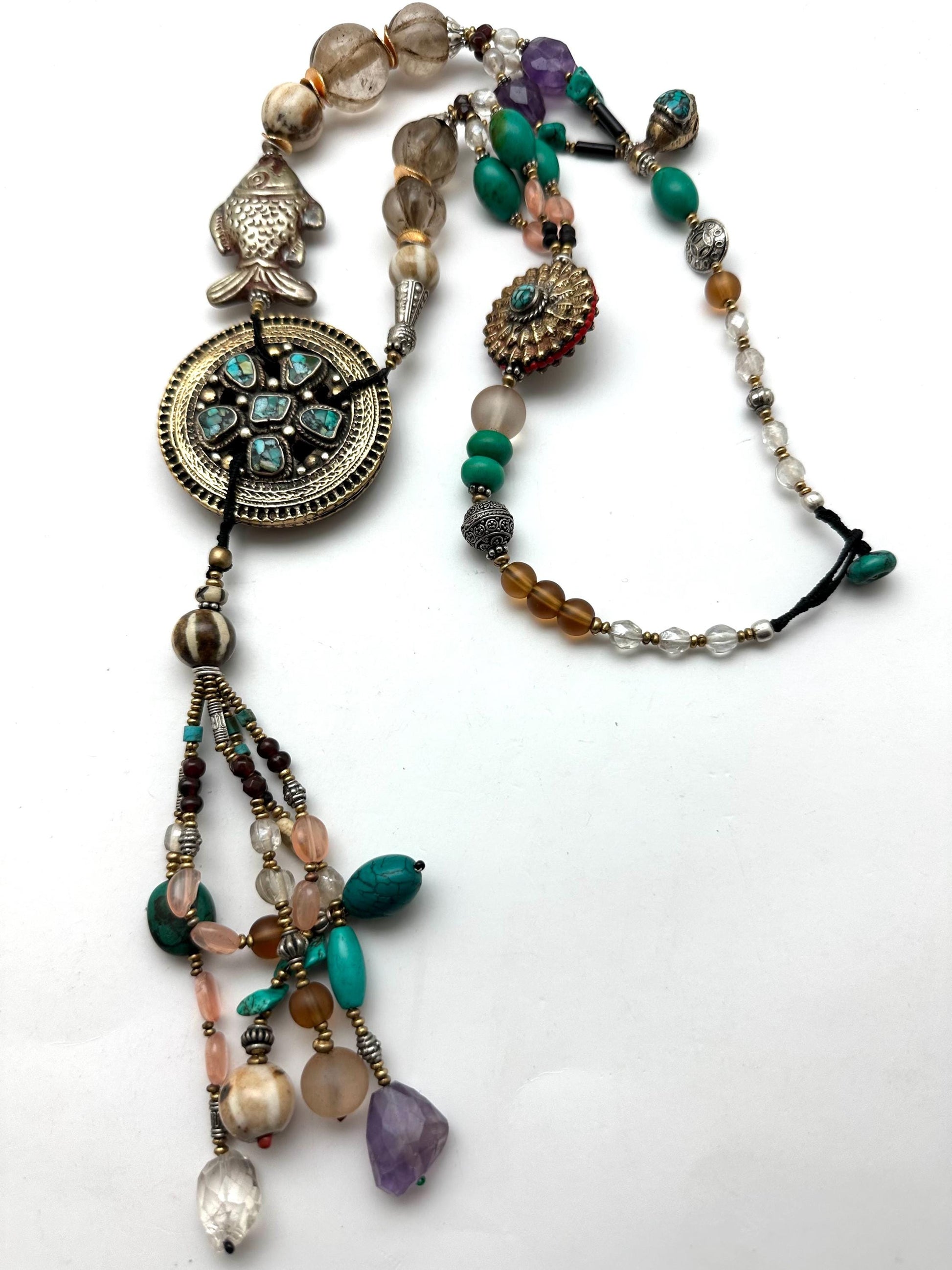 Vintage Tibetan Turquoise Necklace, Quartz Crystal, Amethyst, Agate
