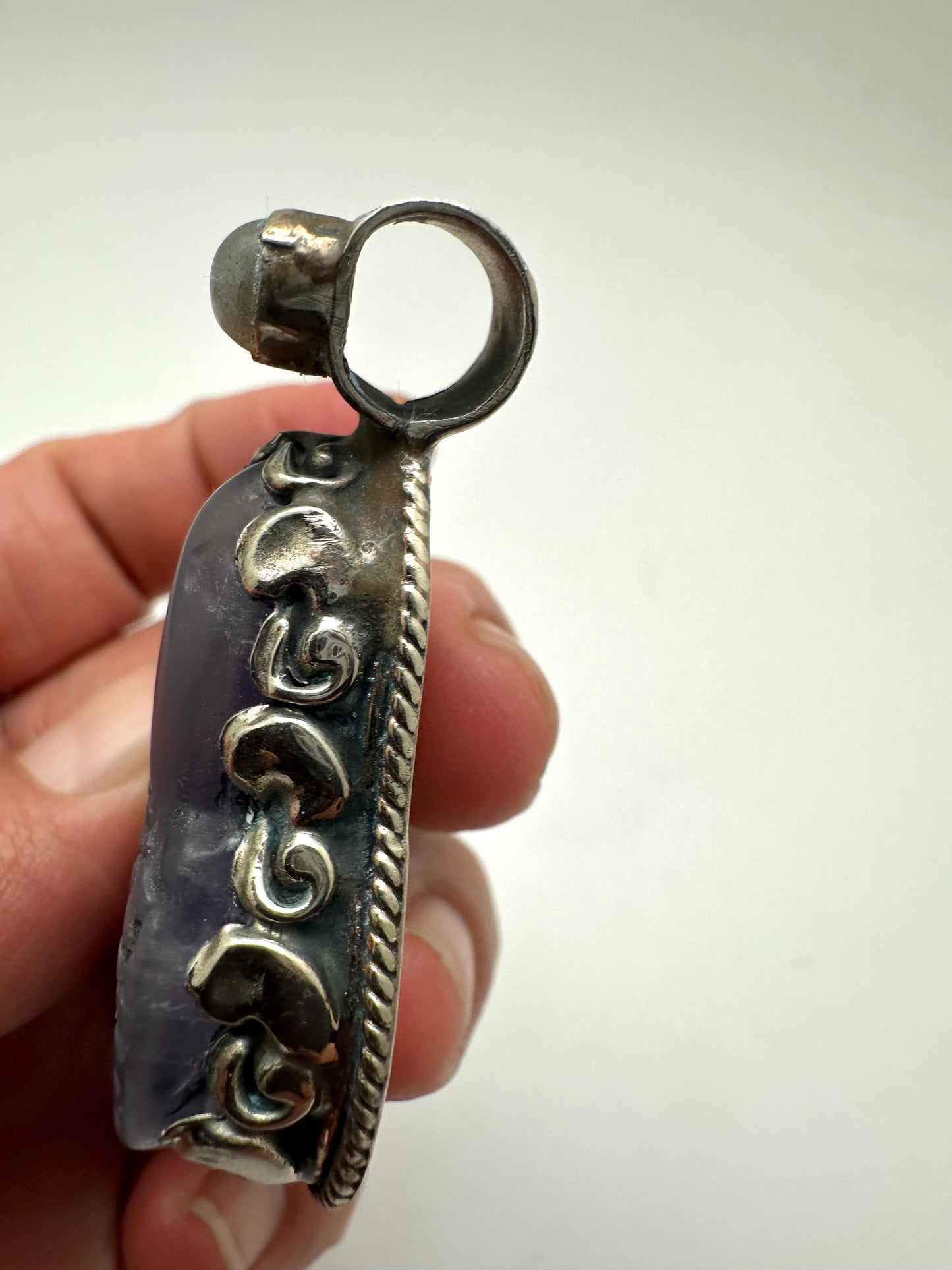 Snake pendant, fluorite carved , handcrafted, Tibetan silver,labradorite,61.7mmX33.8mm