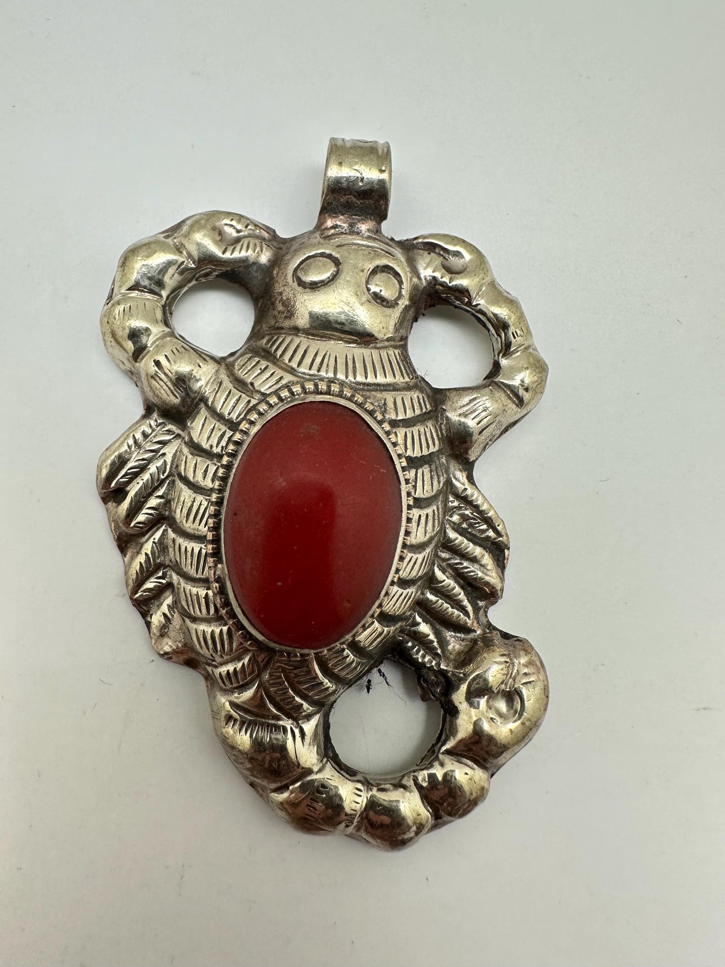 Scorpion pendant,handcrafted, Tibetan silver,resin coral ,61.4mmX41.8mm