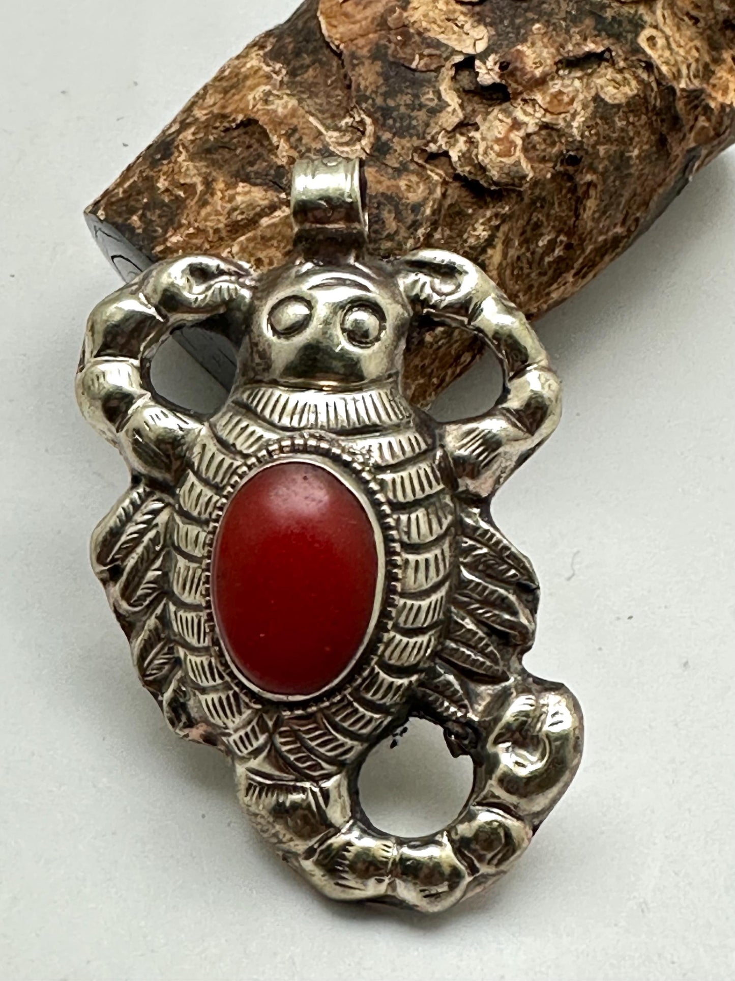 Scorpion pendant,handcrafted, Tibetan silver,resin coral ,61.4mmX41.8mm