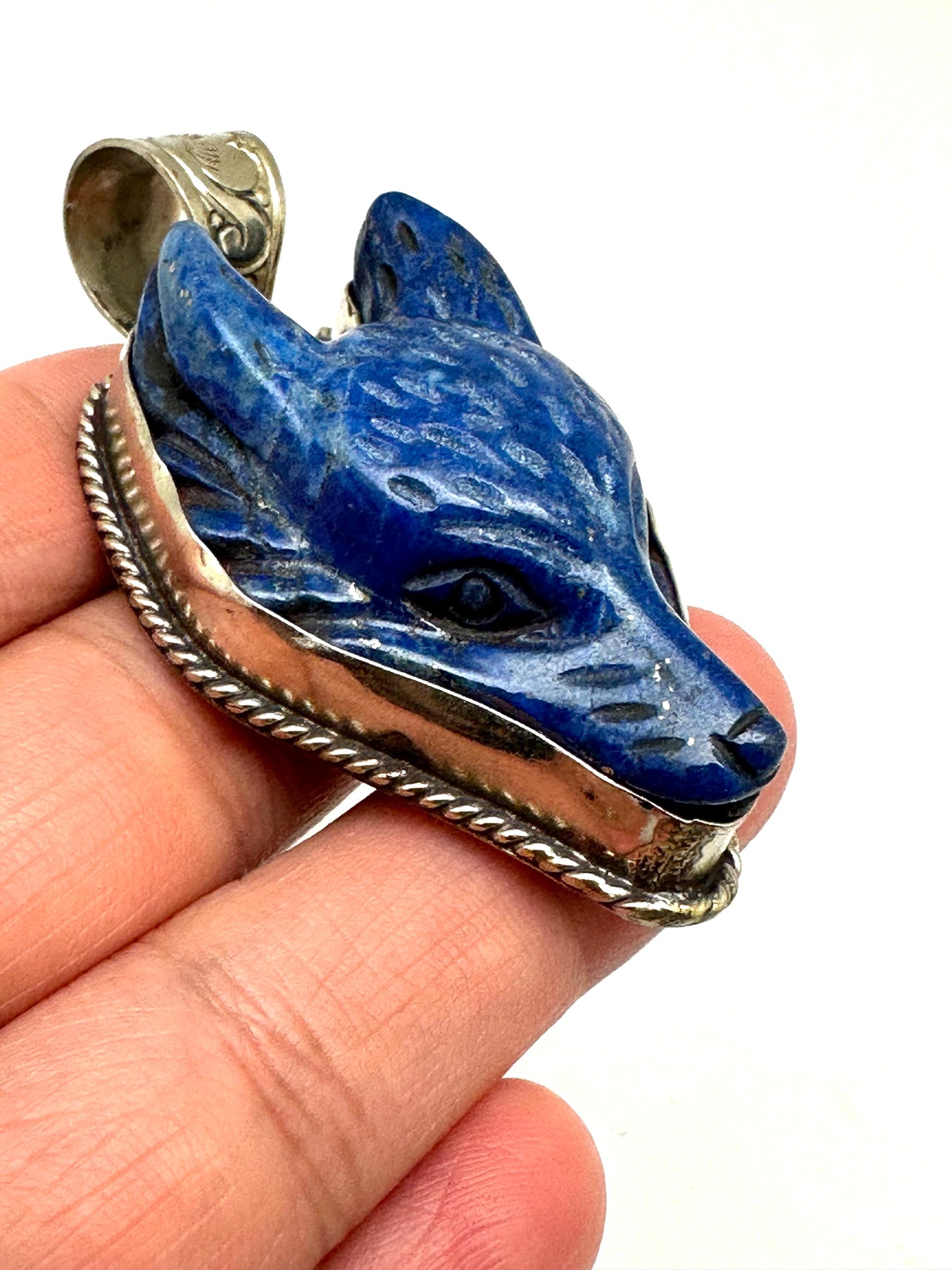 Lapis lazuli wolf pendant, handcrafted, Tibetan silver,animal lover,54mmX29mm and weigh about 25gm