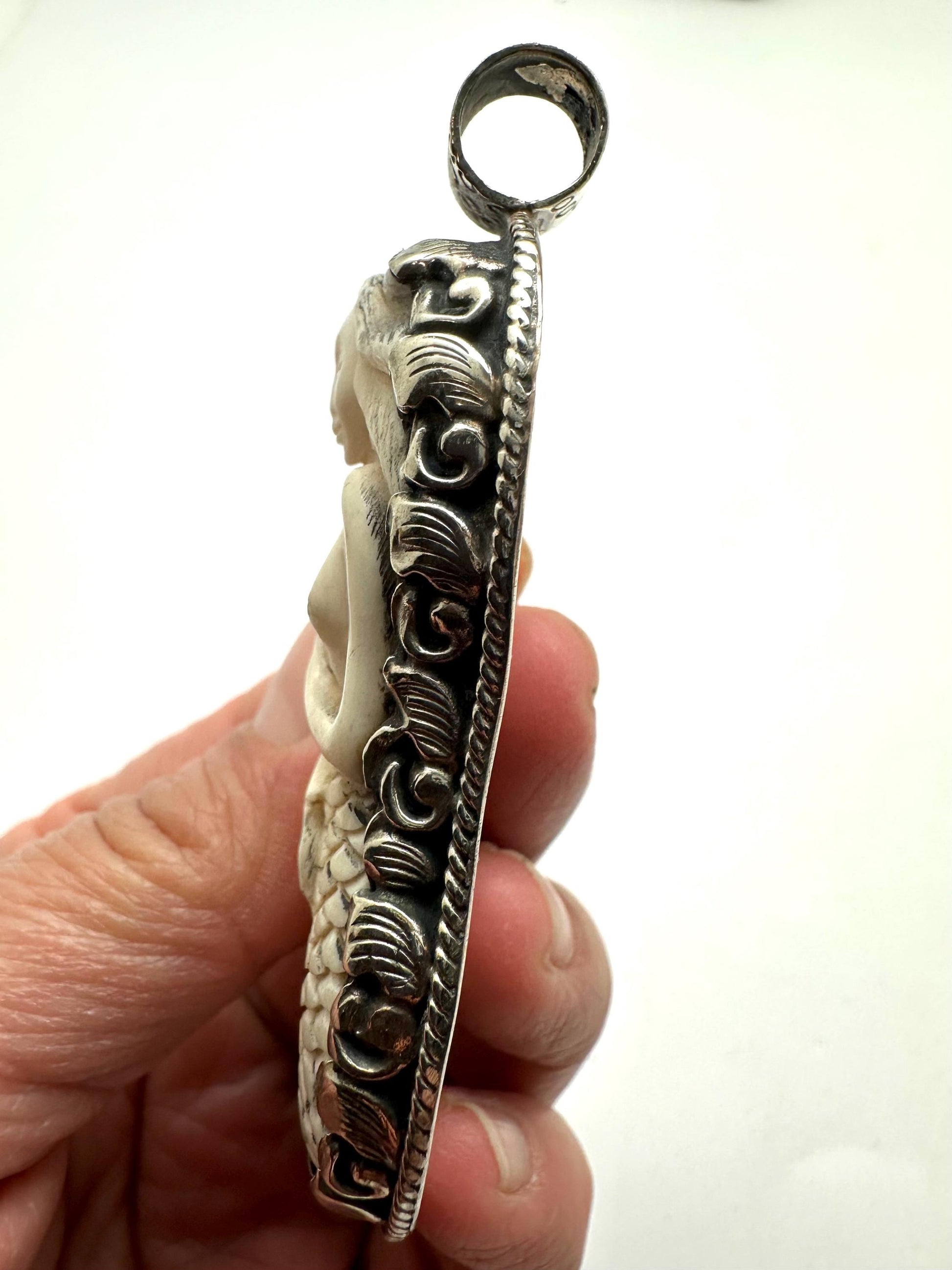 Mermaid pendant,handcrafted, Tibetan silver,bone carved,75mmX33.8mm, weighs about 30gm