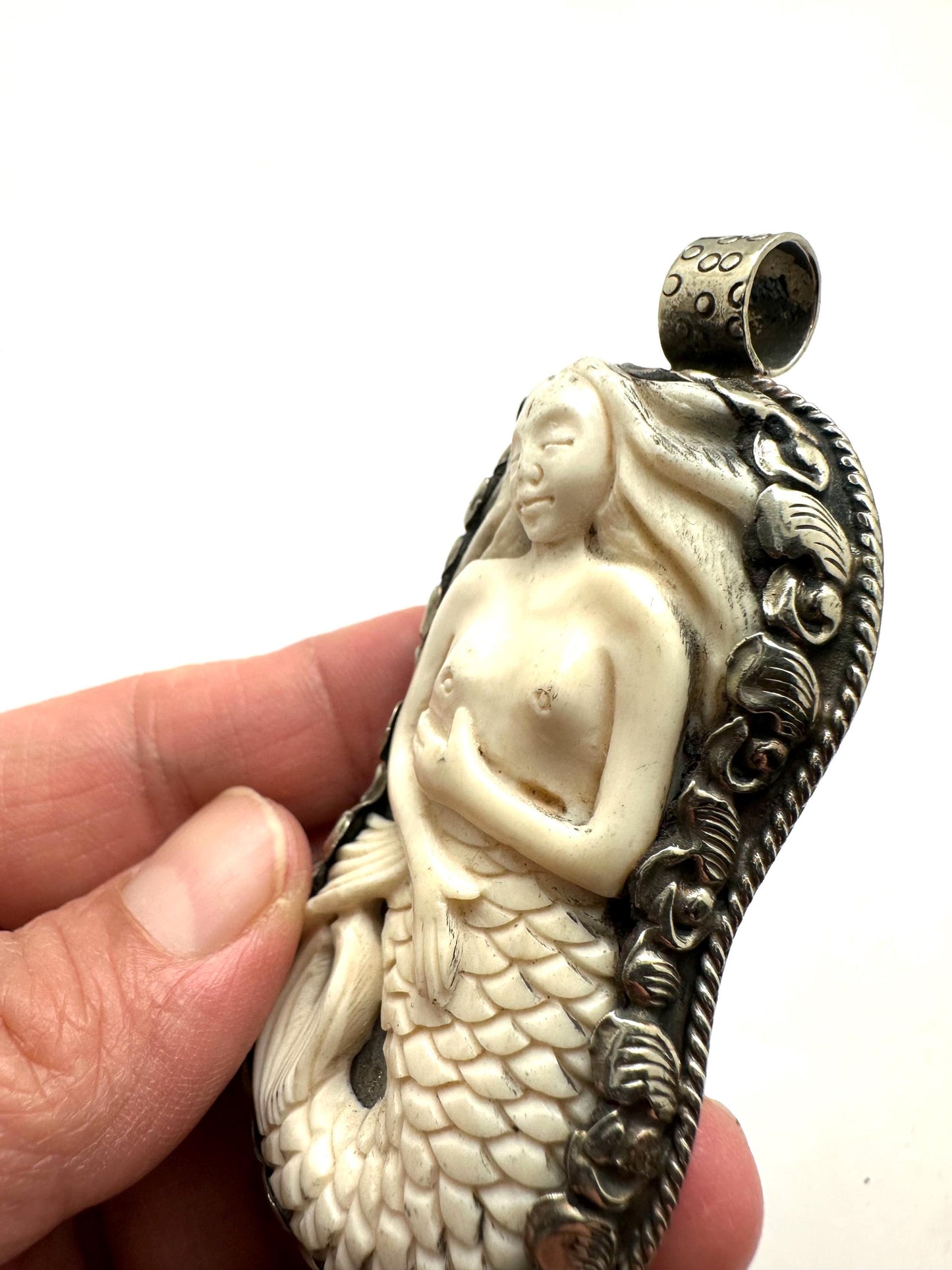 Mermaid pendant,handcrafted, Tibetan silver,bone carved,75mmX33.8mm, weighs about 30gm
