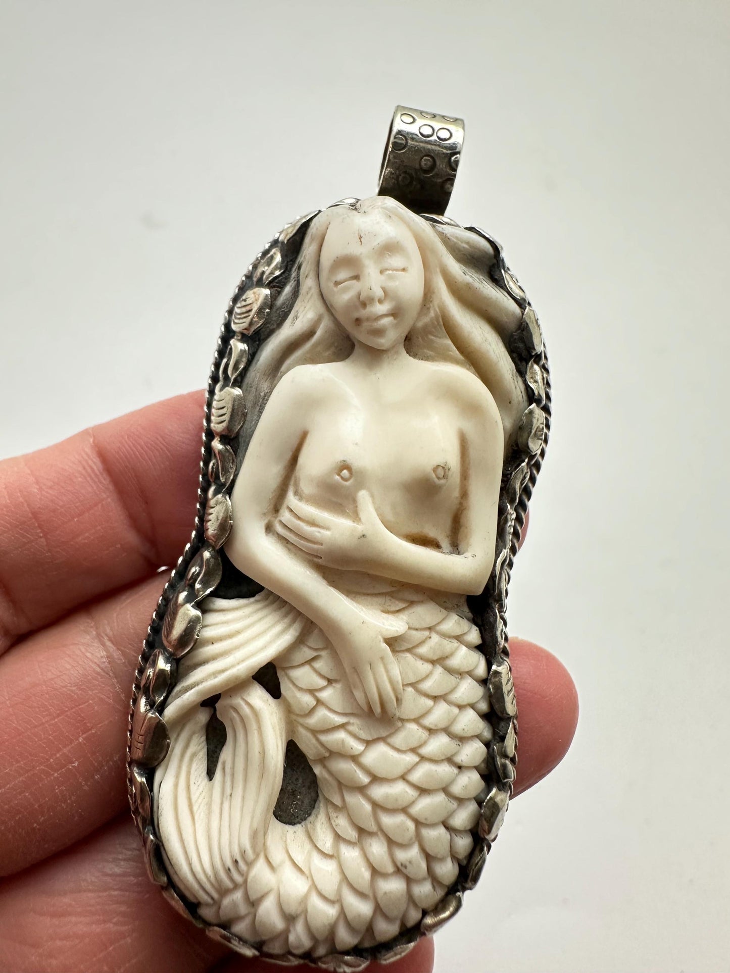Mermaid pendant,handcrafted, Tibetan silver,bone carved,75mmX33.8mm, weighs about 30gm