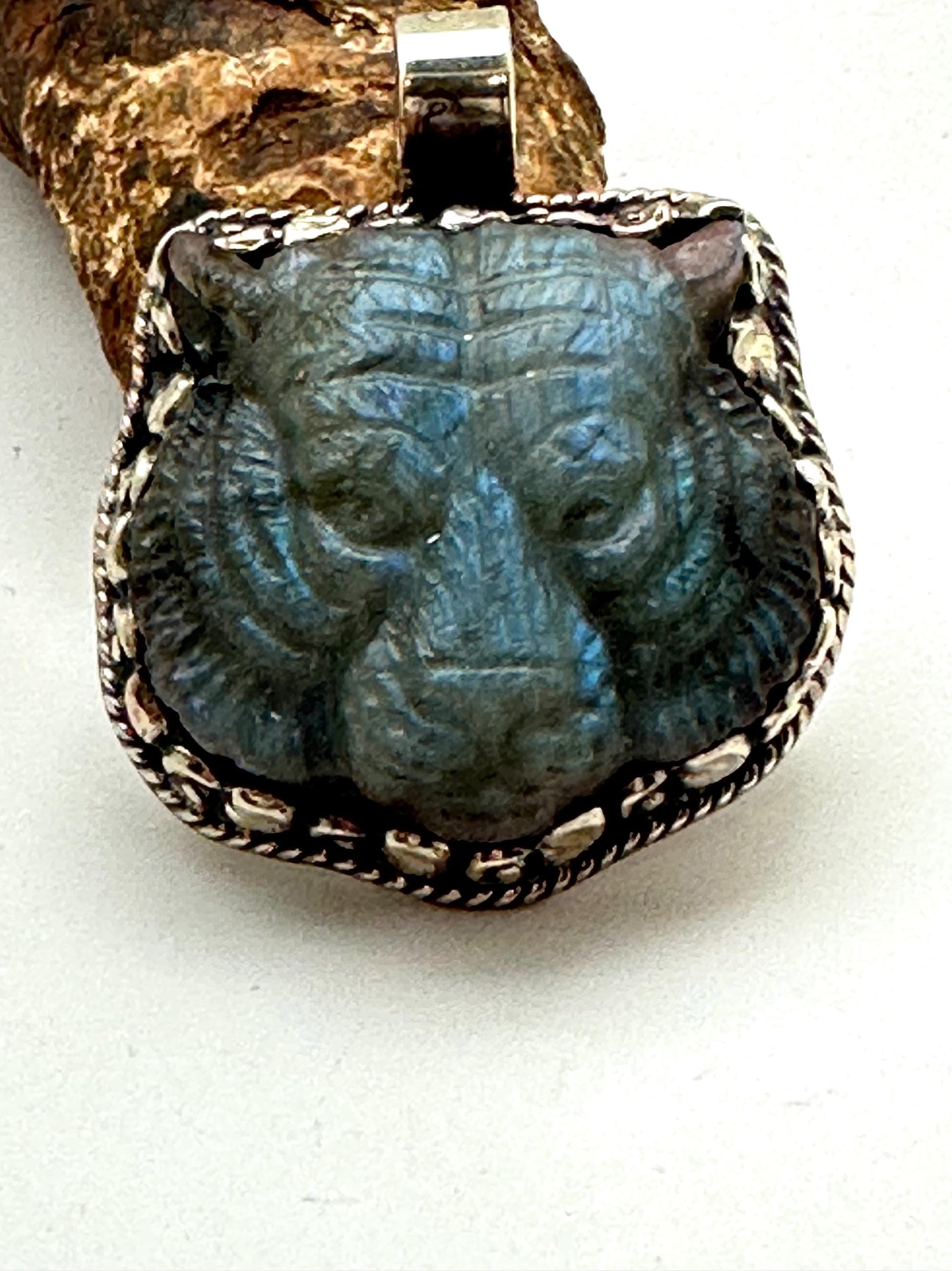 Tiger pendant,handcrafted,labradorite carved, Tibetan repousse silver,animal lover, protection,ethnic style,53.5mmX44.9mm