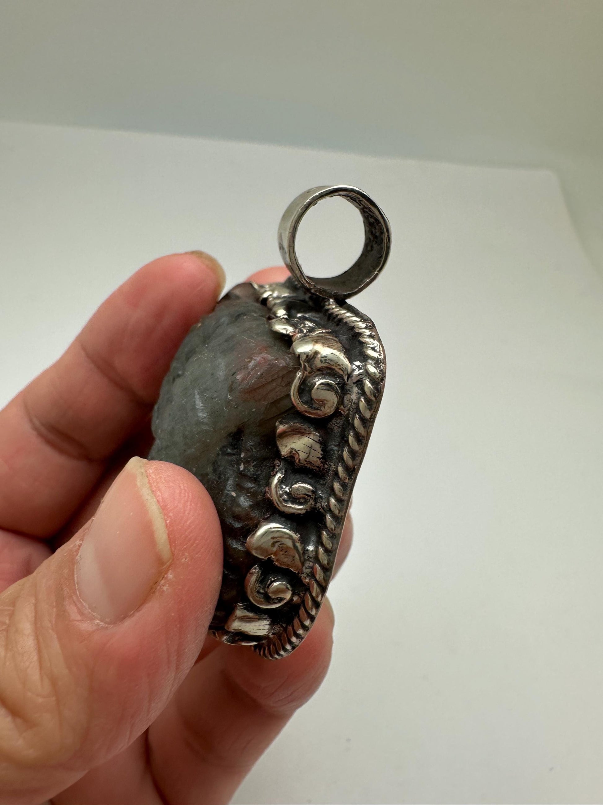 Tiger pendant,handcrafted,labradorite carved, Tibetan repousse silver,animal lover, protection,ethnic style,53.5mmX44.9mm