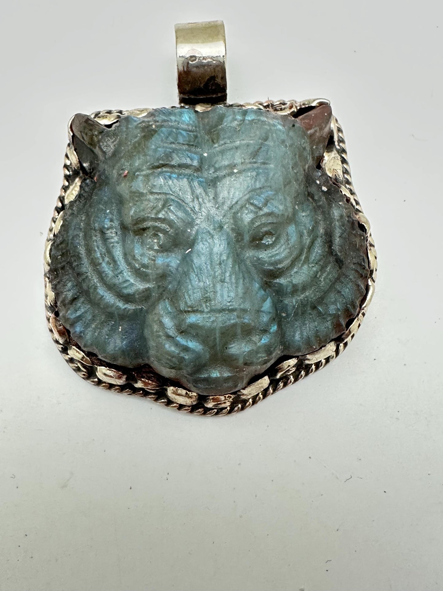 Tiger pendant,handcrafted,labradorite carved, Tibetan repousse silver,animal lover, protection,ethnic style,53.5mmX44.9mm