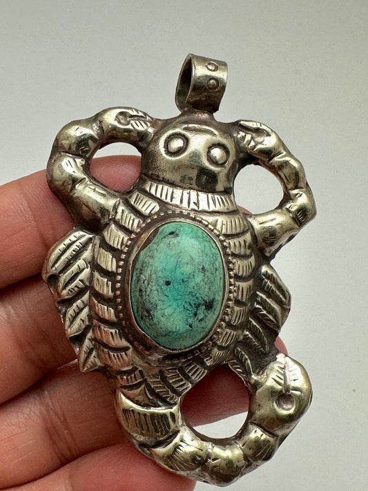 Scorpion pendant, turquoise, handcrafted, Tibetan silver,Nepalese,ethnic style,2.48X1.65 inch, weighs about 18gm
