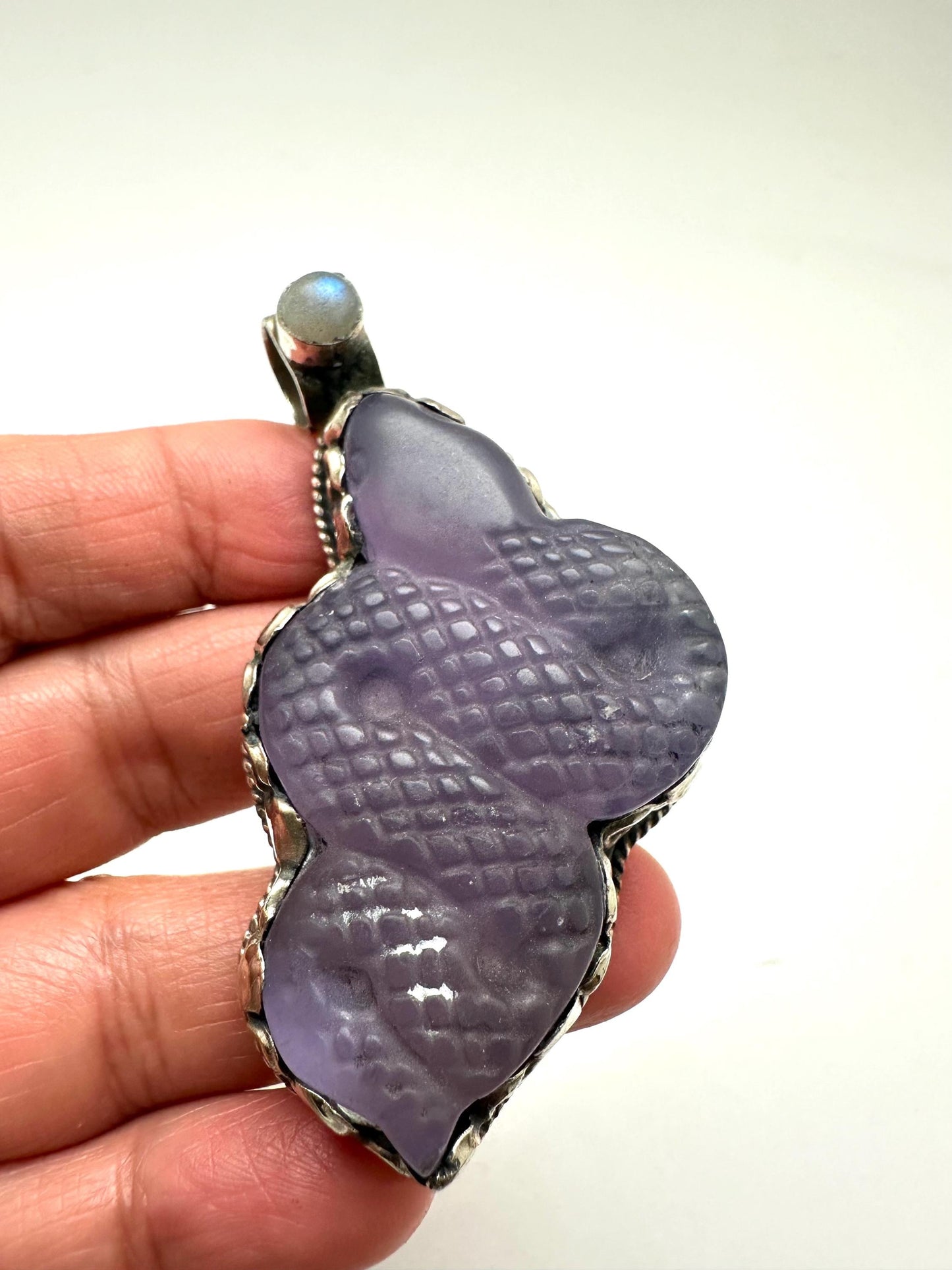 Snake pendant, fluorite carved , handcrafted, Tibetan silver,labradorite,61.7mmX33.8mm