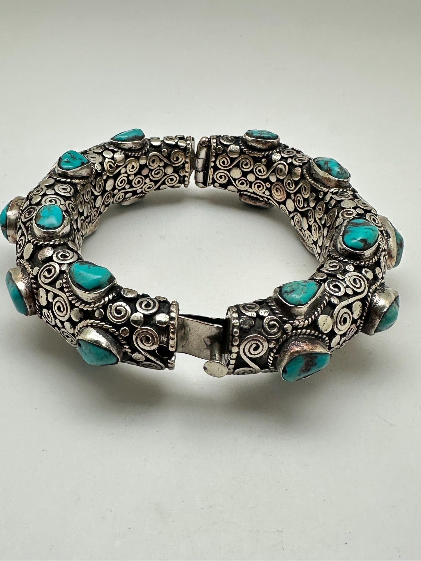 Handcrafted Tibetan Silver Bangle with Turquoise, Ethnic Style Nepali Jewelry