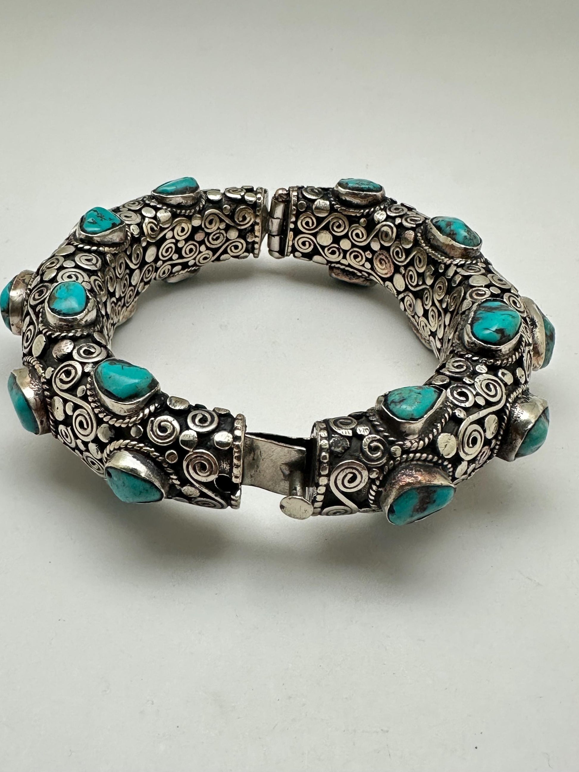 Handcrafted Tibetan Silver Bangle with Turquoise, Ethnic Style Nepali Jewelry