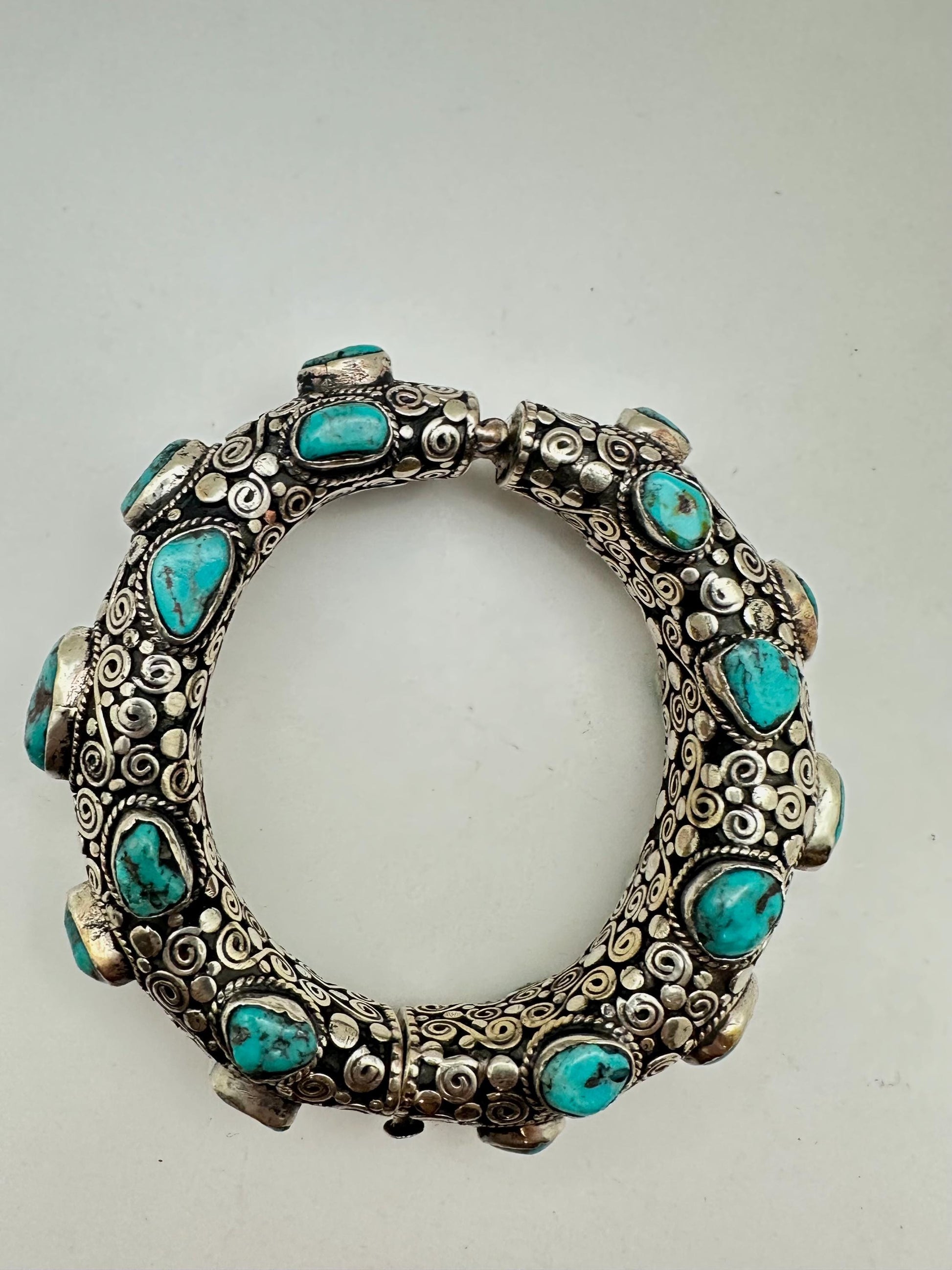 Handcrafted Tibetan Silver Bangle with Turquoise, Ethnic Style Nepali Jewelry