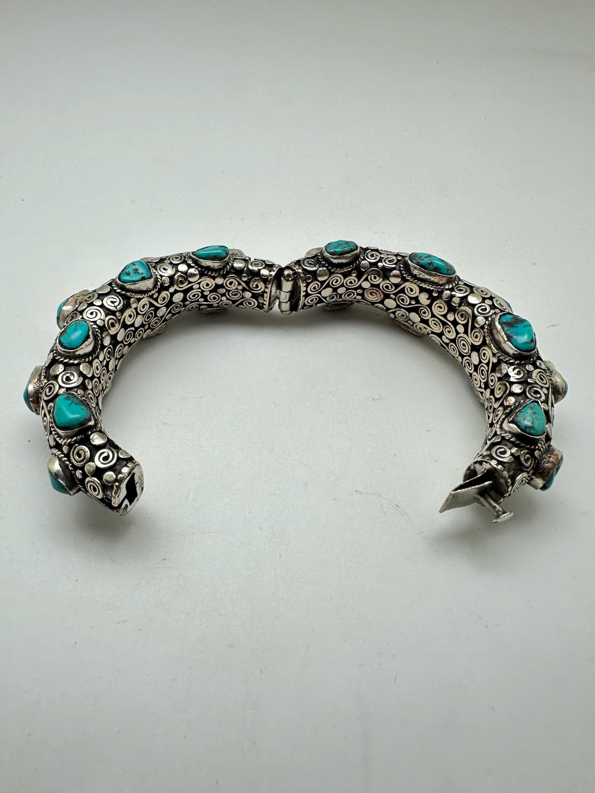 Handcrafted Tibetan Silver Bangle with Turquoise, Ethnic Style Nepali Jewelry