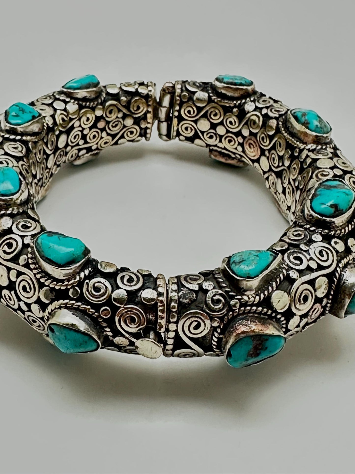 Handcrafted Tibetan Silver Bangle with Turquoise, Ethnic Style Nepali Jewelry