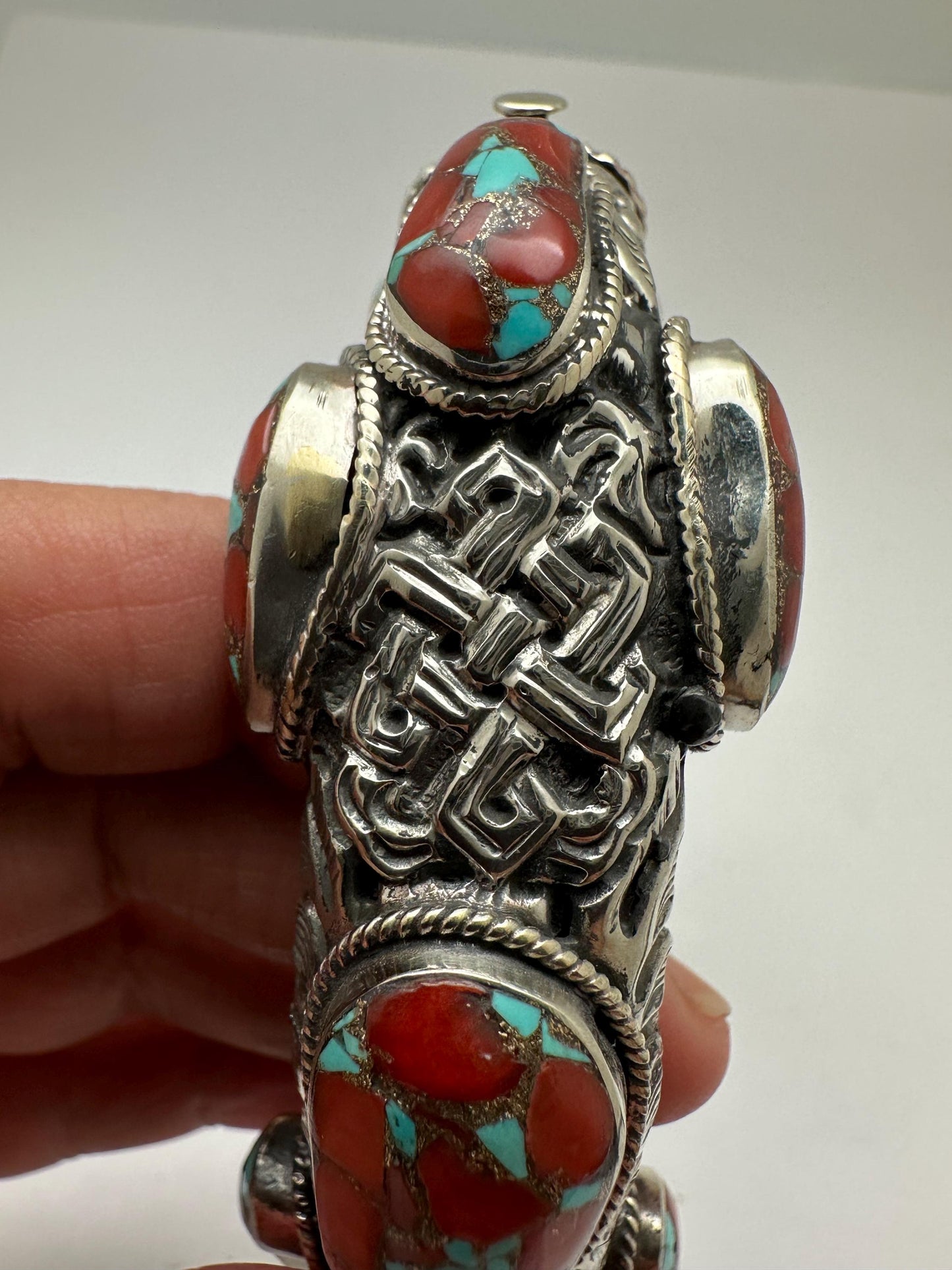 Handcrafted Coral Bangle, Tibetan Silver, Ethnic Style, Nepal Made