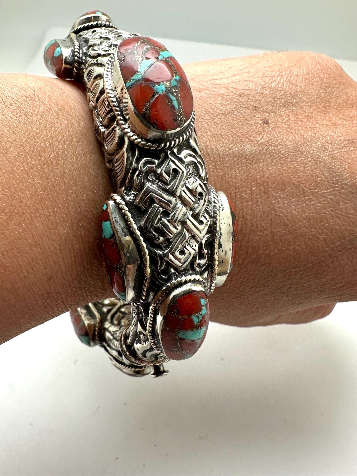 Handcrafted Coral Bangle, Tibetan Silver, Ethnic Style, Nepal Made
