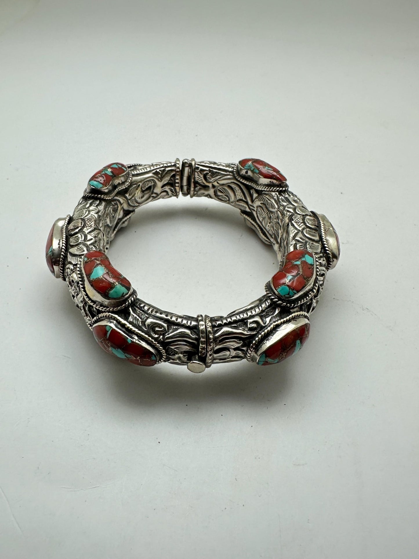 Handcrafted Coral Bangle, Tibetan Silver, Ethnic Style, Nepal Made