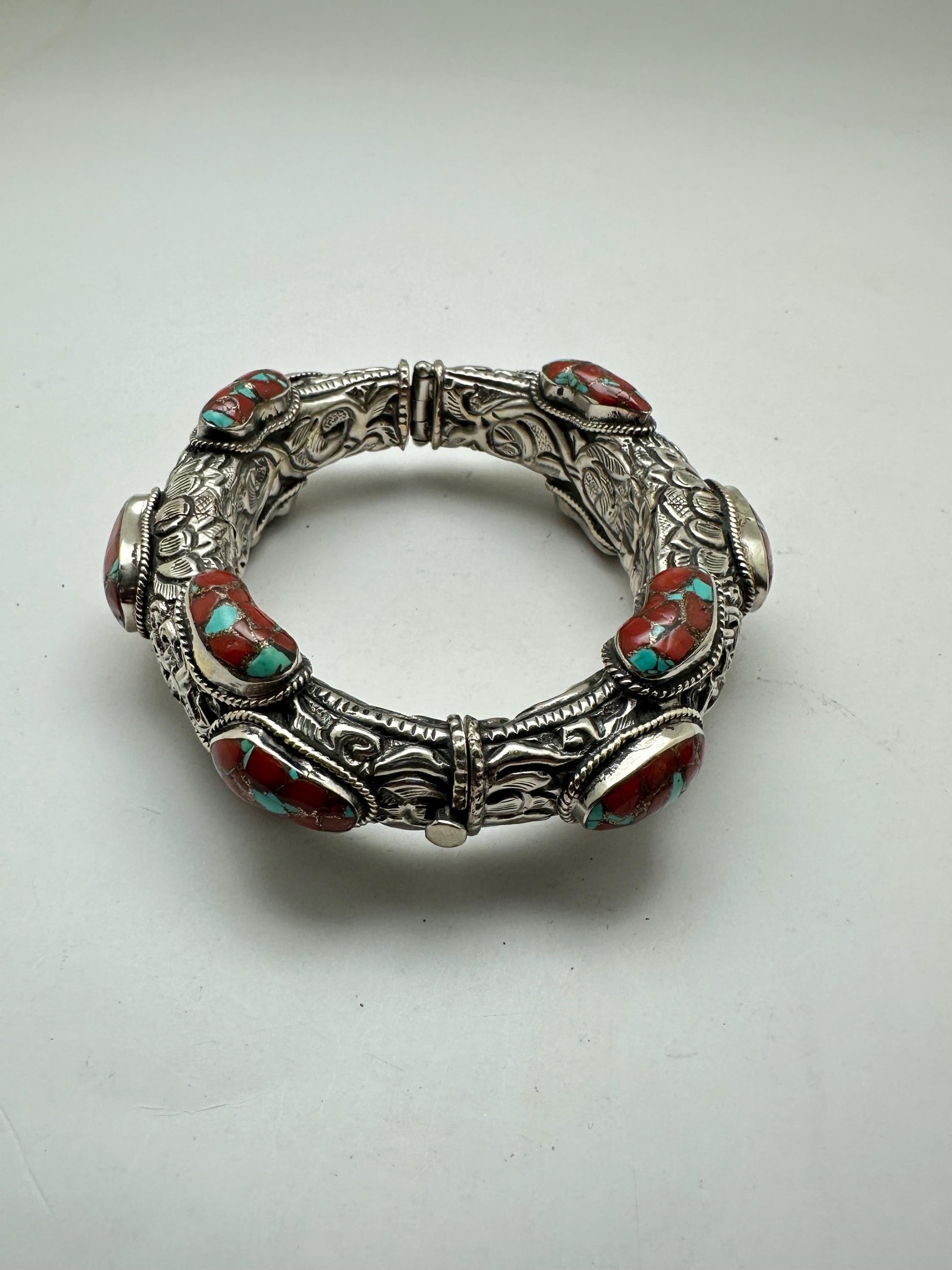 Handcrafted Coral Bangle, Tibetan Silver, Ethnic Style, Nepal Made