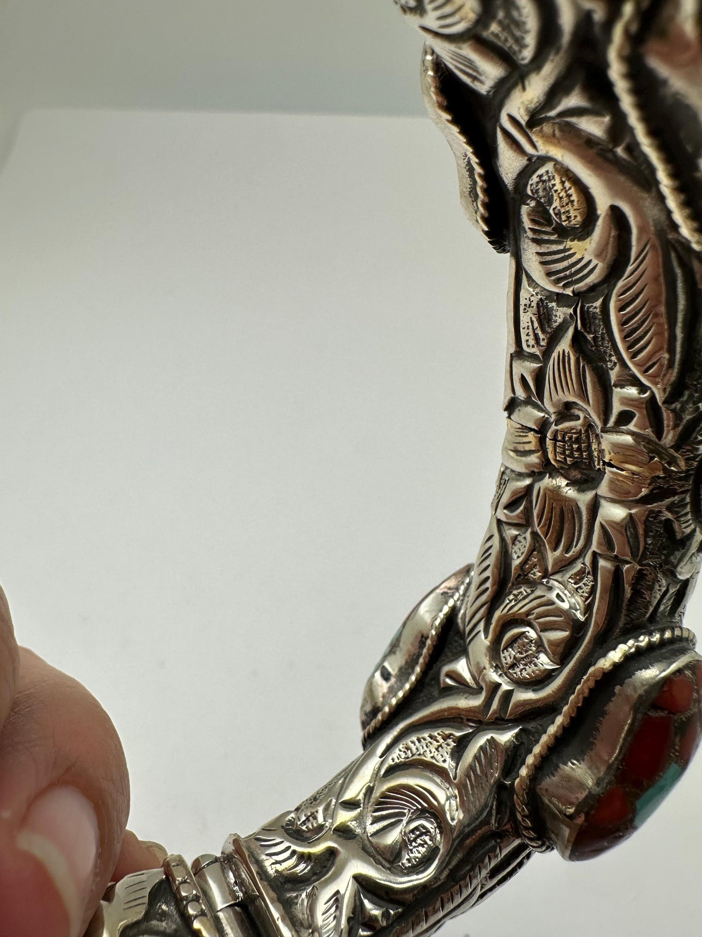 Handcrafted Coral Bangle, Tibetan Silver, Ethnic Style, Nepal Made