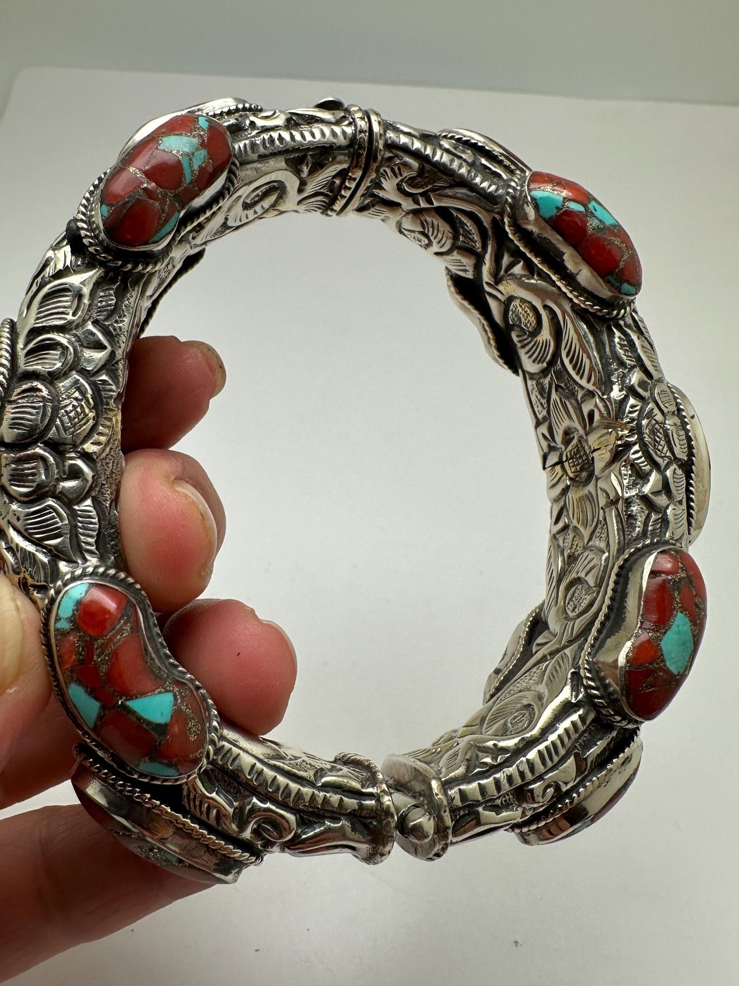 Handcrafted Coral Bangle, Tibetan Silver, Ethnic Style, Nepal Made