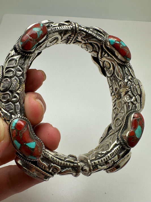 Handcrafted Coral Bangle, Tibetan Silver, Ethnic Style, Nepal Made