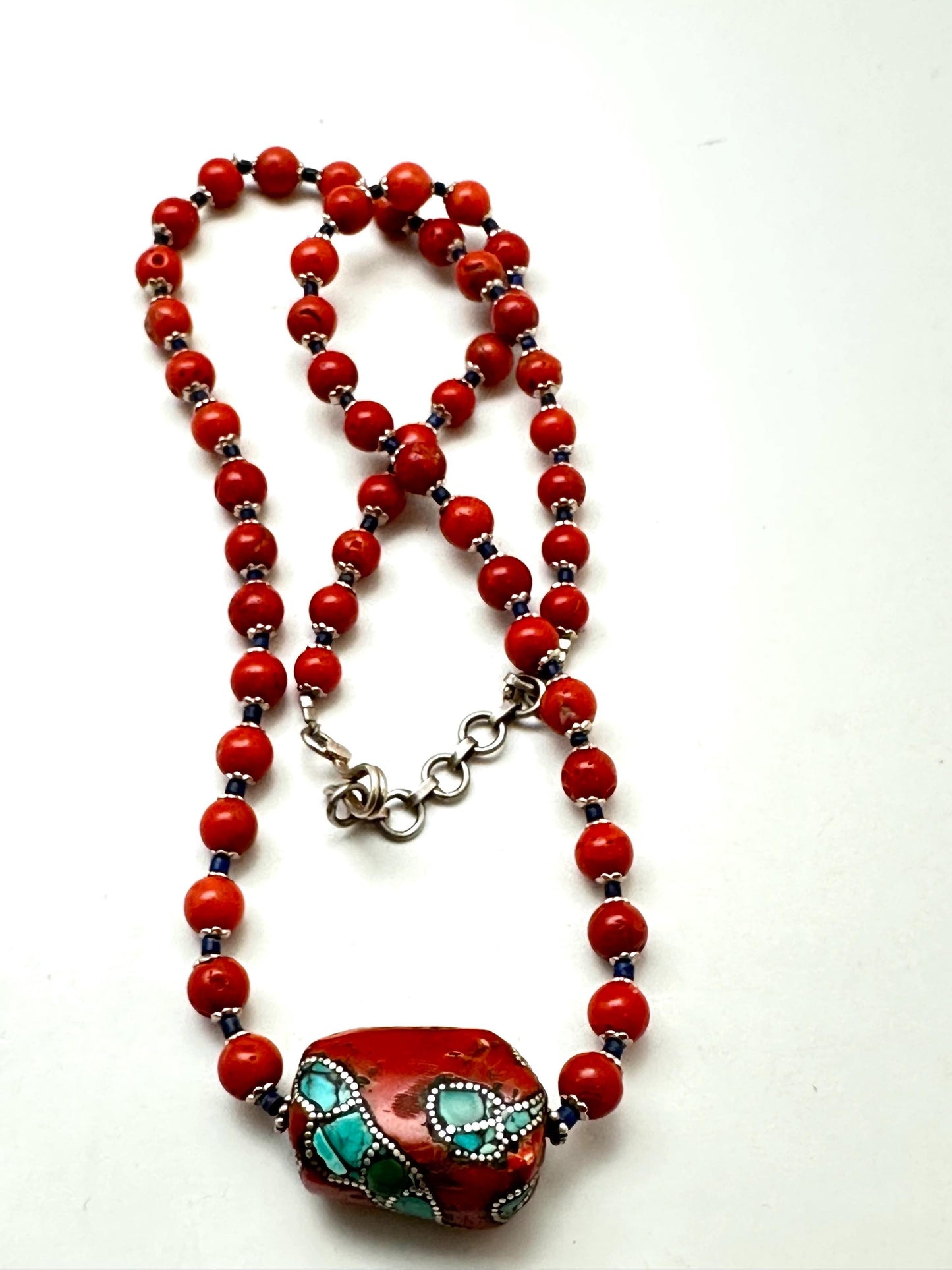 Coral necklace, handcrafted, turquoise and silver inlaid,ethnic style, Tibetan design