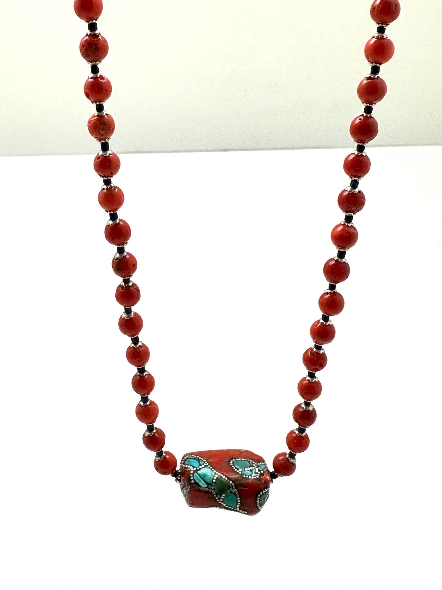 Coral necklace, handcrafted, turquoise and silver inlaid,ethnic style, Tibetan design
