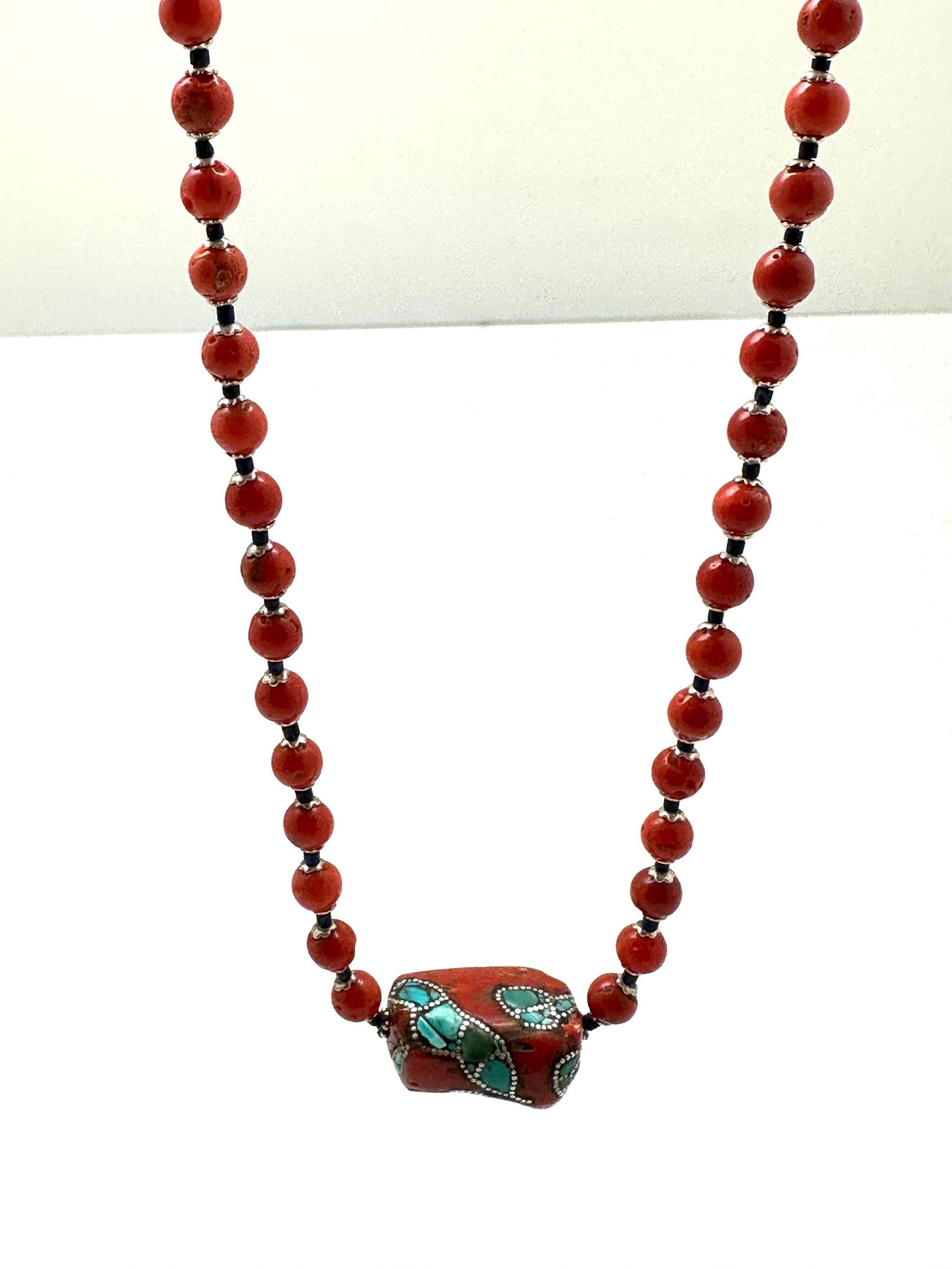 Coral necklace, handcrafted, turquoise and silver inlaid,ethnic style, Tibetan design