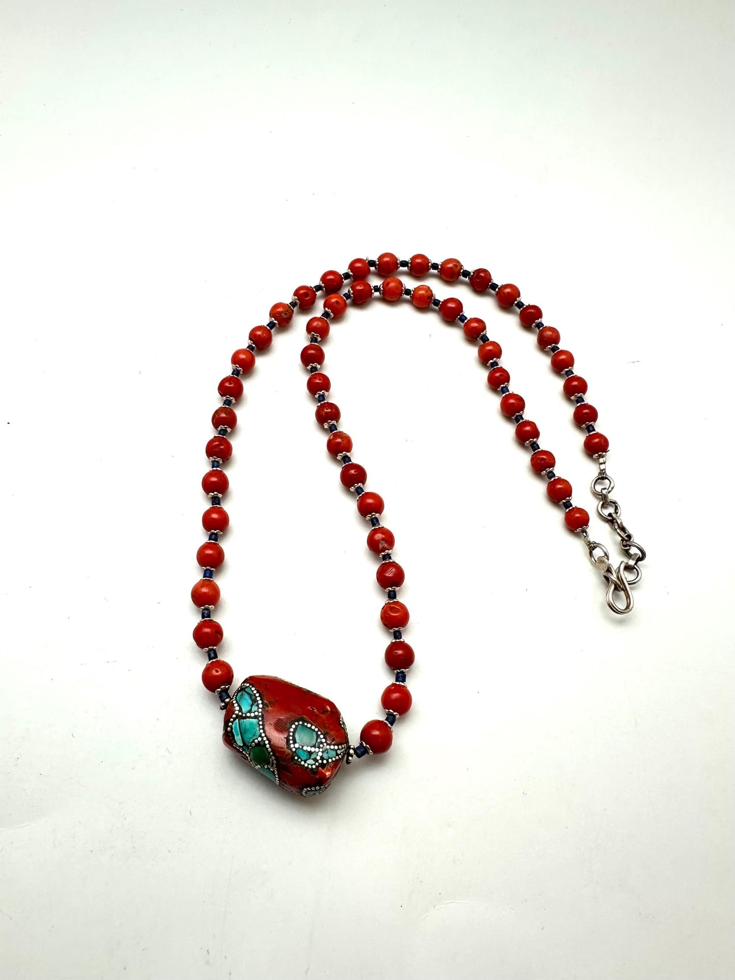 Coral necklace, handcrafted, turquoise and silver inlaid,ethnic style, Tibetan design