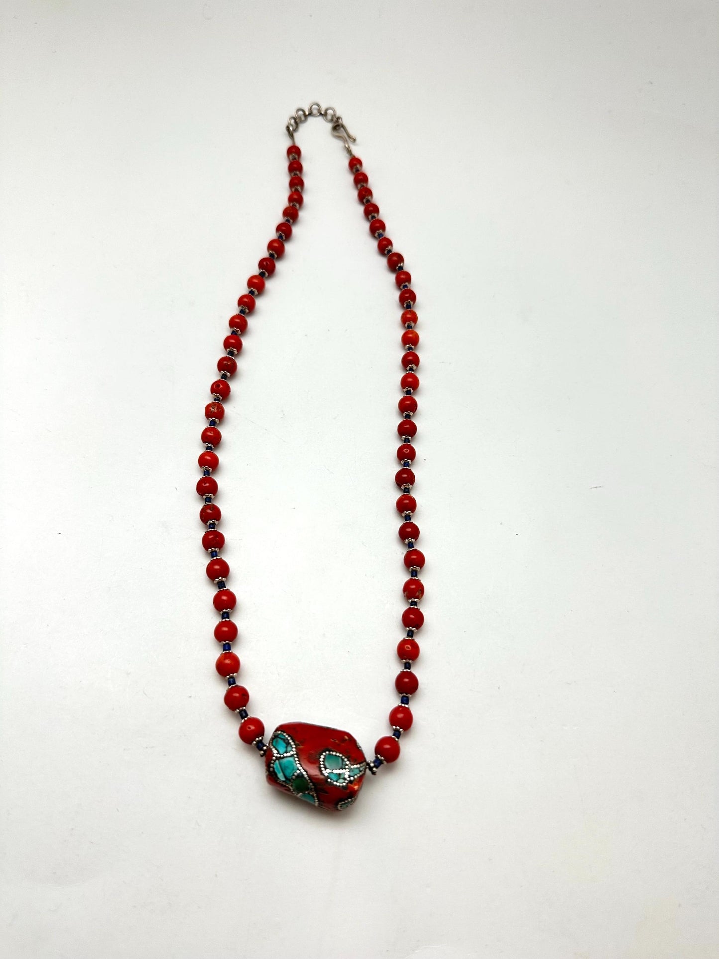 Coral necklace, handcrafted, turquoise and silver inlaid,ethnic style, Tibetan design