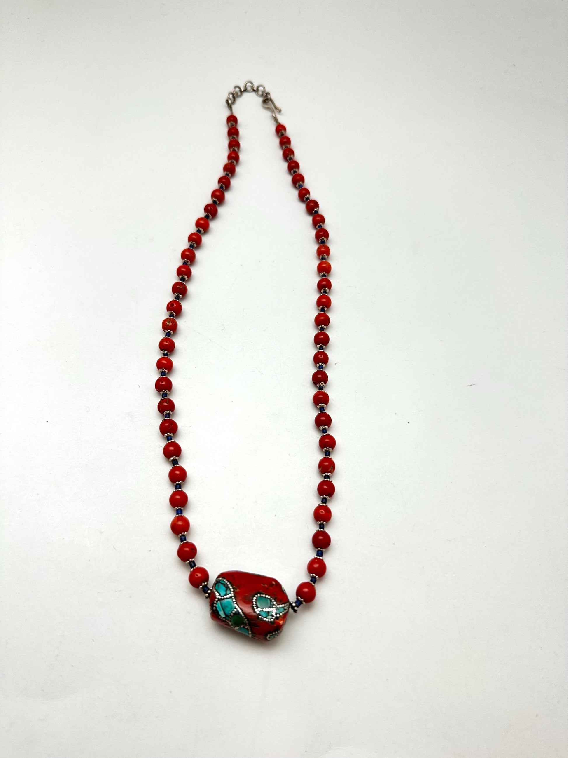 Coral necklace, handcrafted, turquoise and silver inlaid,ethnic style, Tibetan design