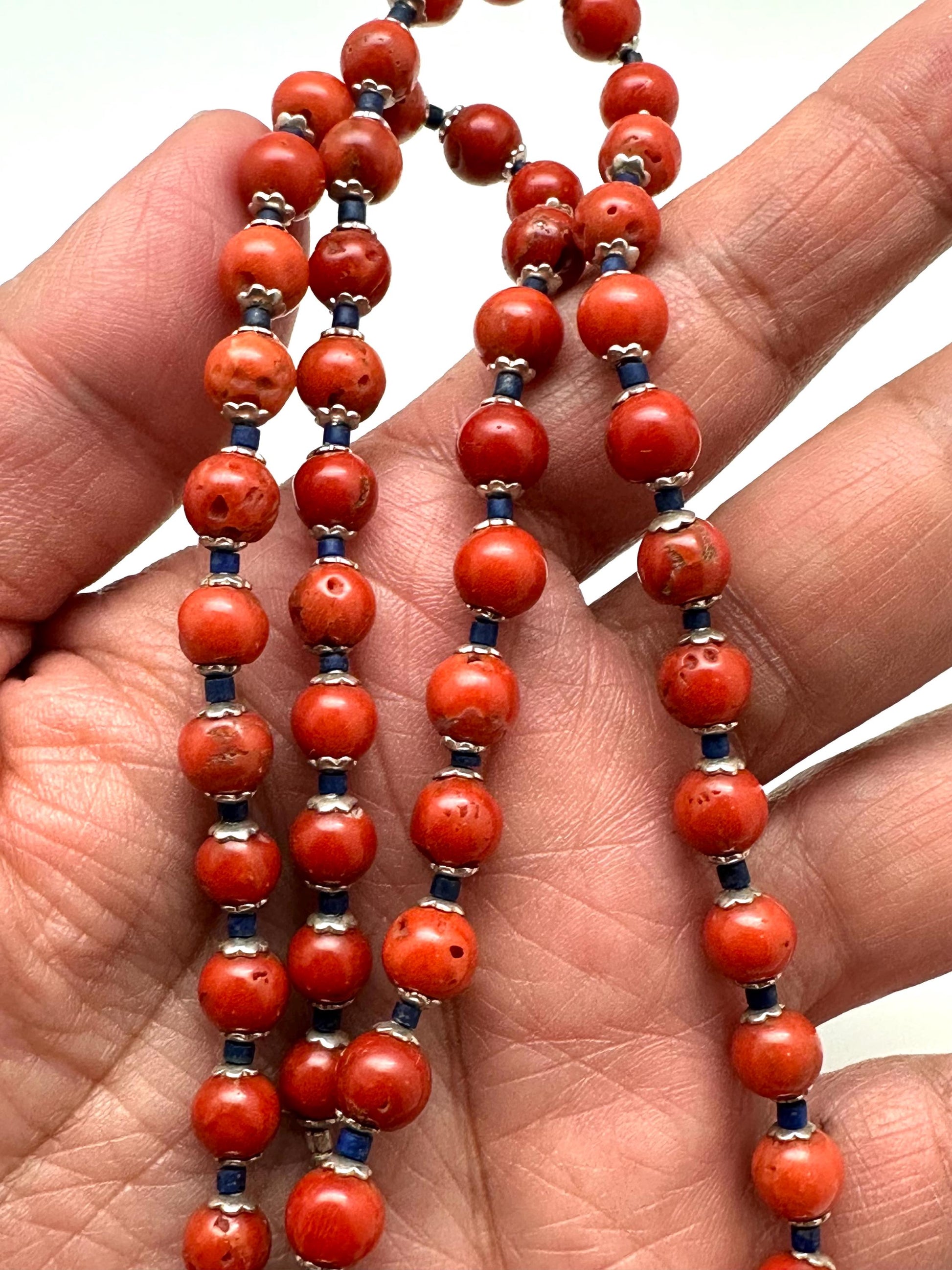 Coral necklace, handcrafted, turquoise and silver inlaid,ethnic style, Tibetan design