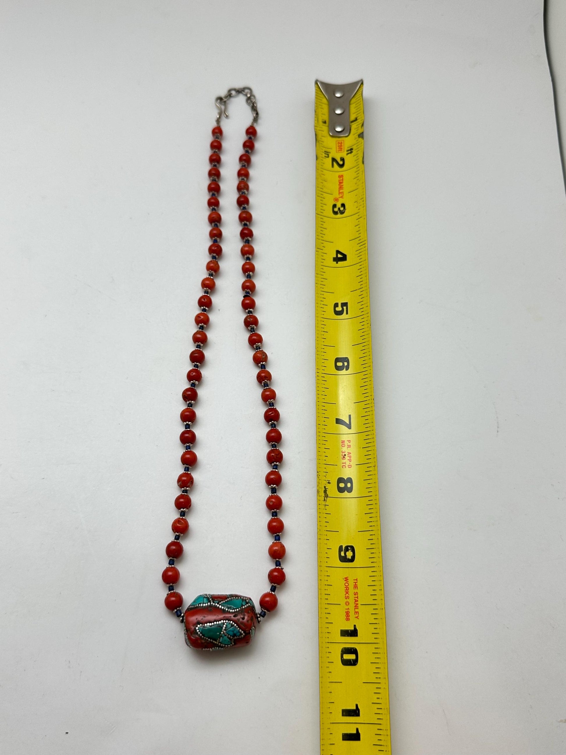 Coral necklace, handcrafted, turquoise and silver inlaid,ethnic style, Tibetan design