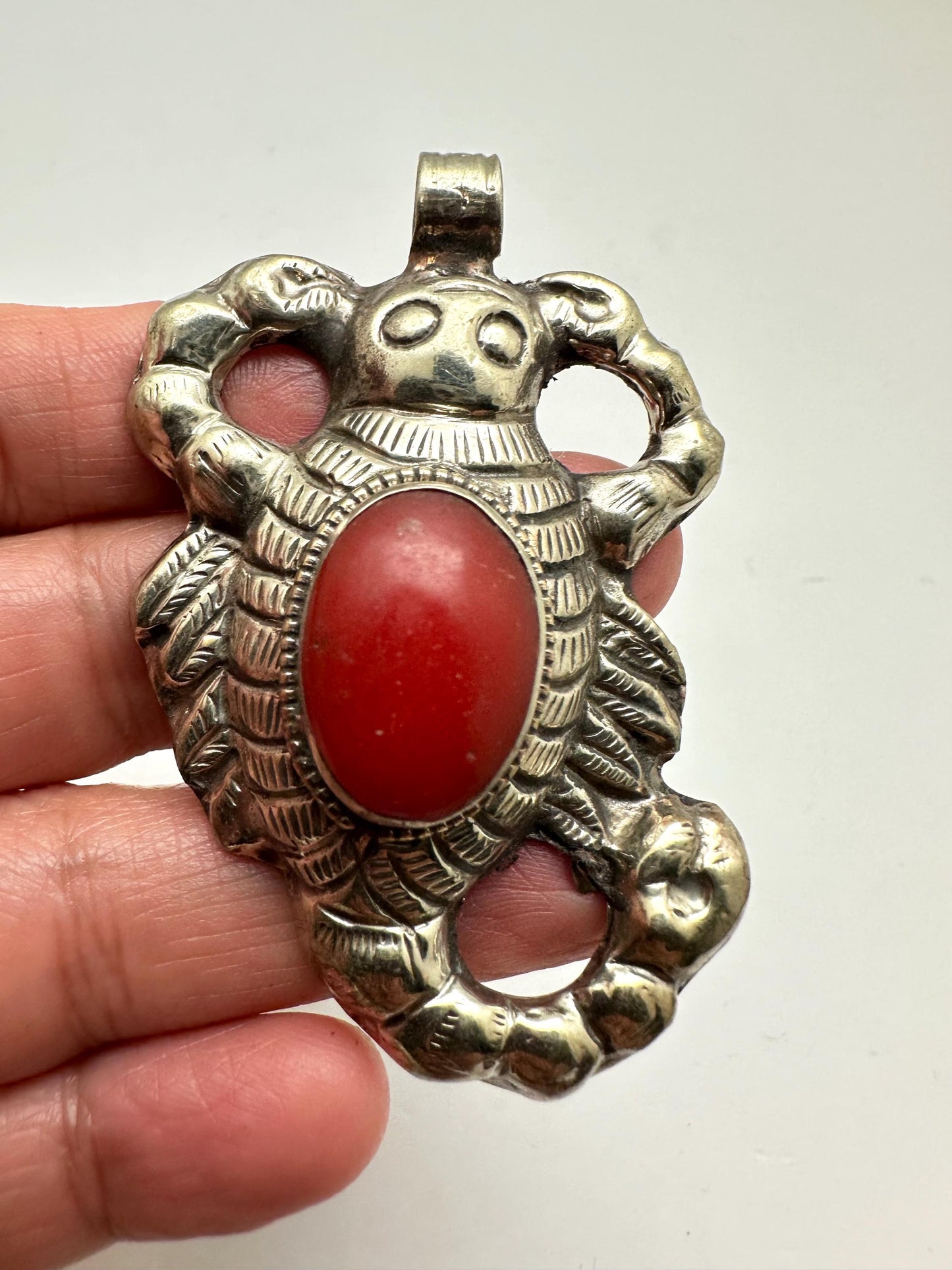 Scorpion pendant,handcrafted, Tibetan silver,resin coral ,61.4mmX41.8mm