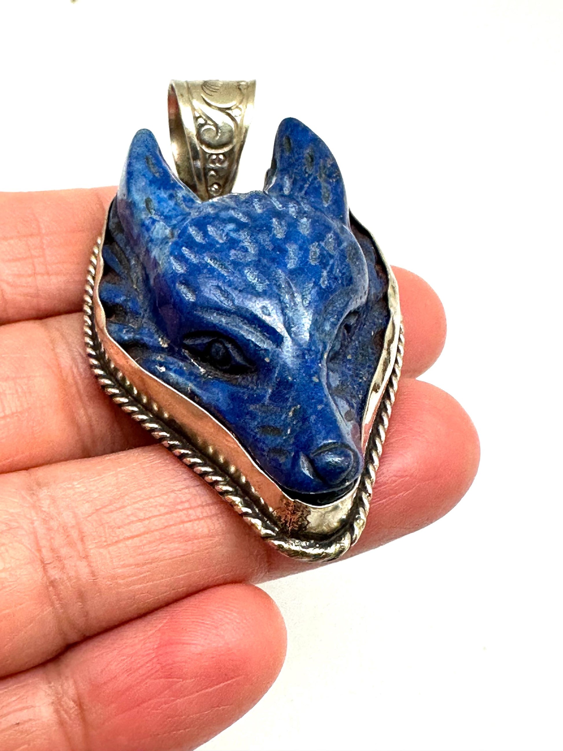 Lapis lazuli wolf pendant, handcrafted, Tibetan silver,animal lover,54mmX29mm and weigh about 25gm