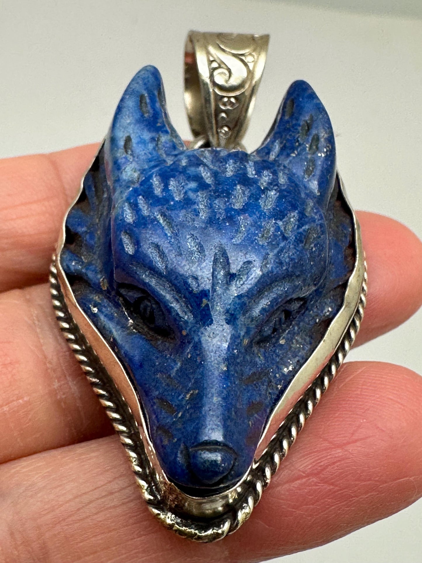 Lapis lazuli wolf pendant, handcrafted, Tibetan silver,animal lover,54mmX29mm and weigh about 25gm