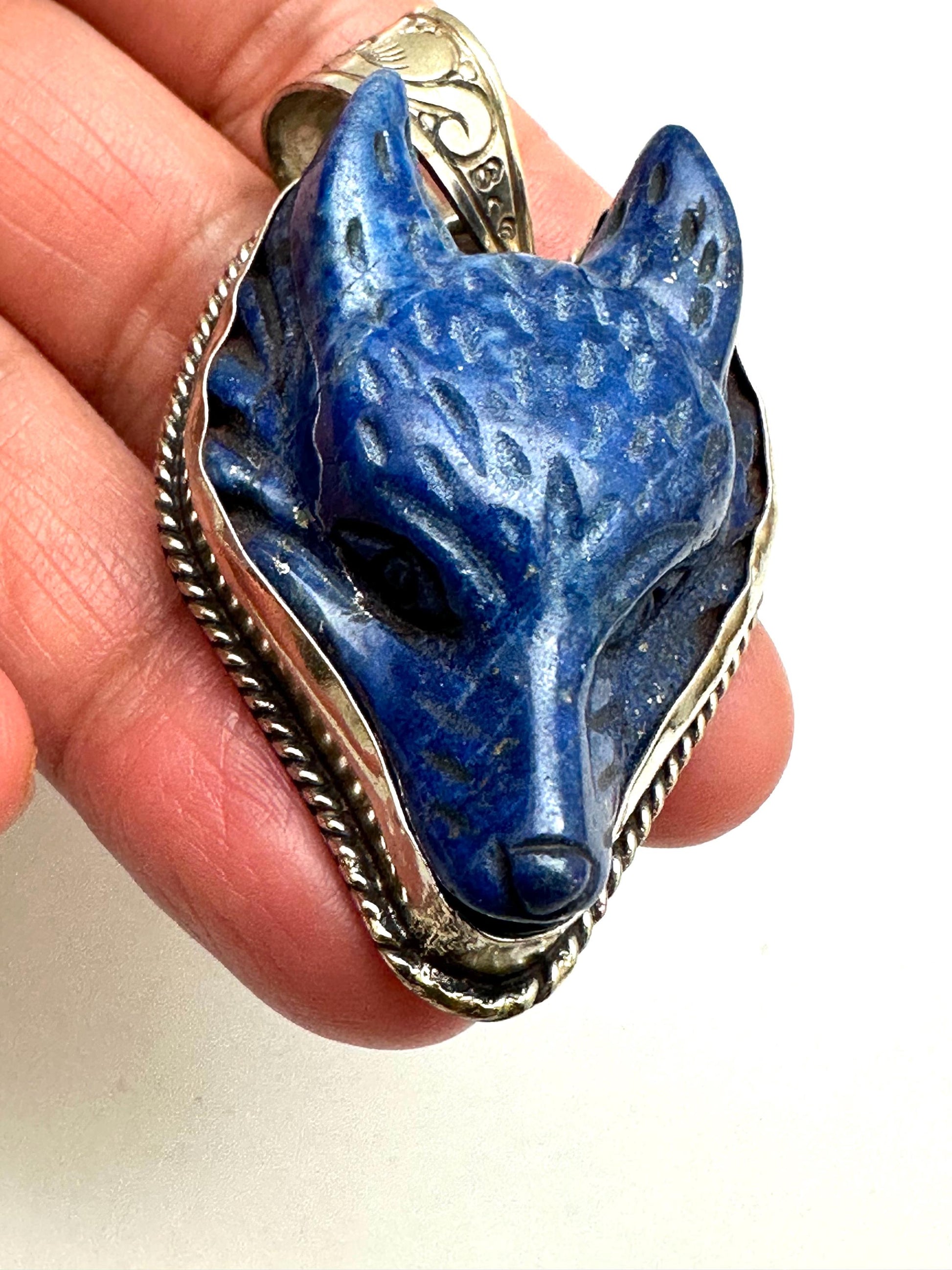 Lapis lazuli wolf pendant, handcrafted, Tibetan silver,animal lover,54mmX29mm and weigh about 25gm