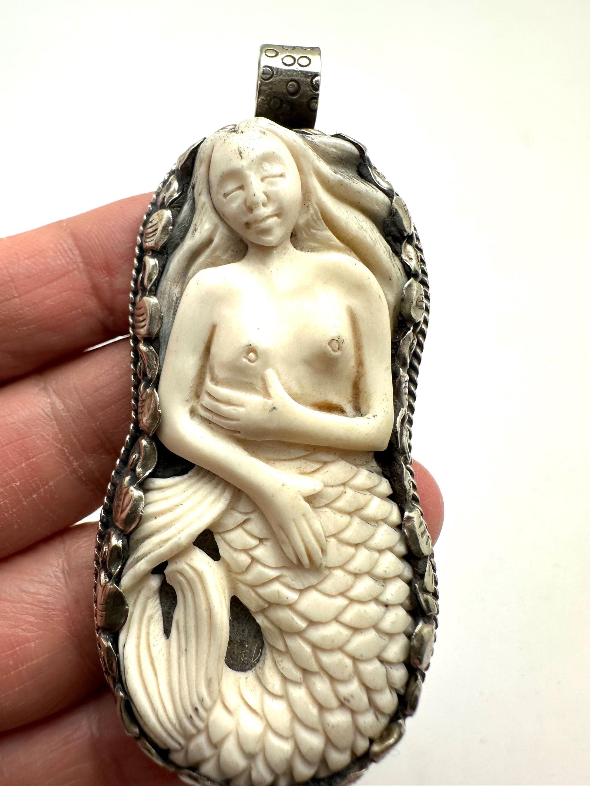 Mermaid pendant,handcrafted, Tibetan silver,bone carved,75mmX33.8mm, weighs about 30gm