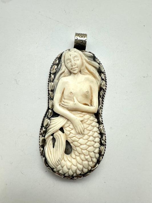 Mermaid pendant,handcrafted, Tibetan silver,bone carved,75mmX33.8mm, weighs about 30gm