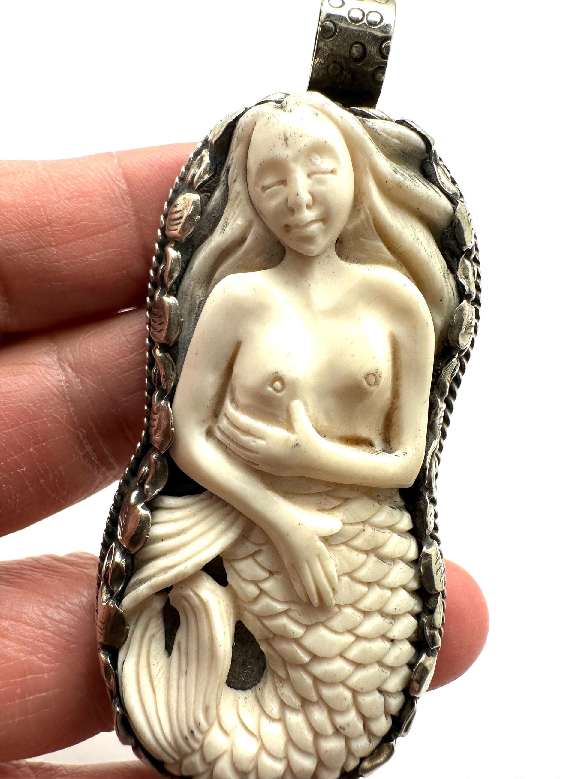 Mermaid pendant,handcrafted, Tibetan silver,bone carved,75mmX33.8mm, weighs about 30gm