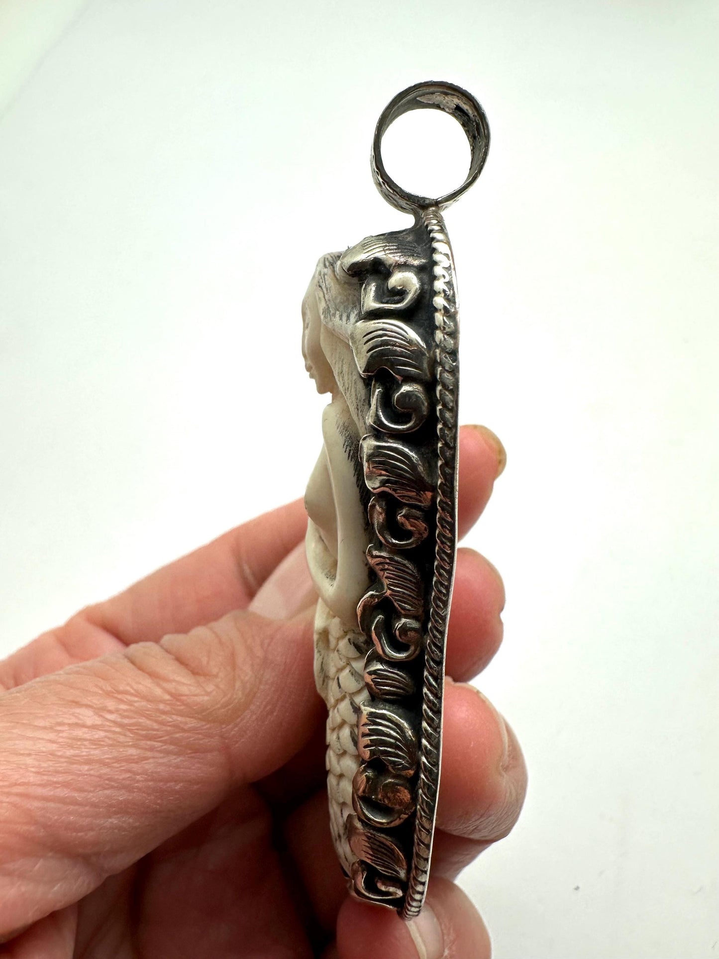 Mermaid pendant,handcrafted, Tibetan silver,bone carved,75mmX33.8mm, weighs about 30gm