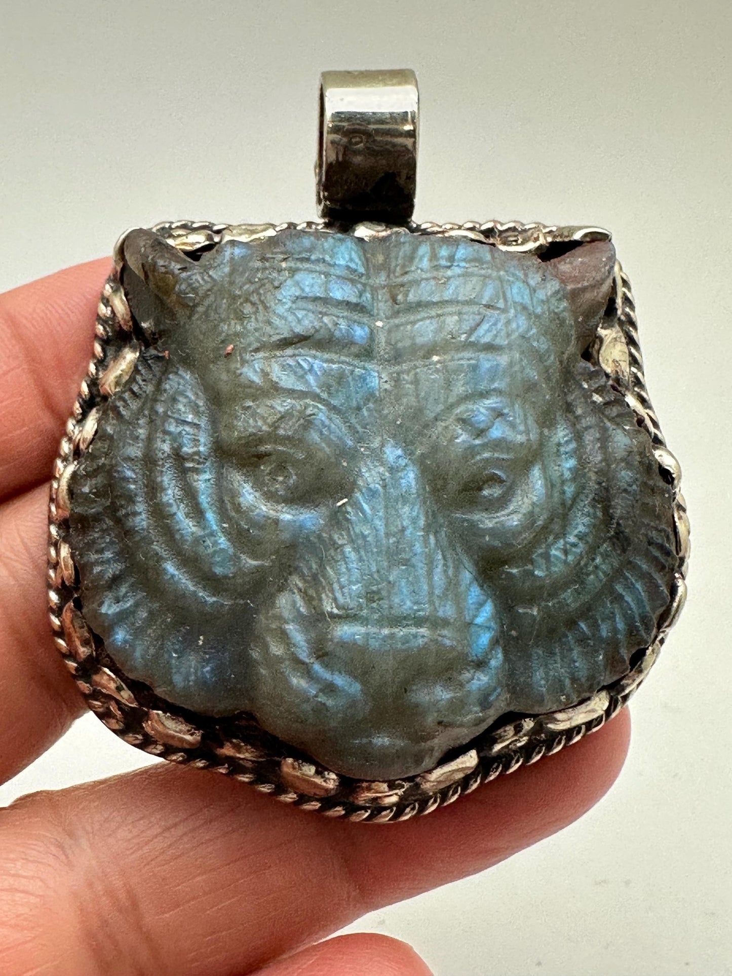 Tiger pendant,handcrafted,labradorite carved, Tibetan repousse silver,animal lover, protection,ethnic style,53.5mmX44.9mm