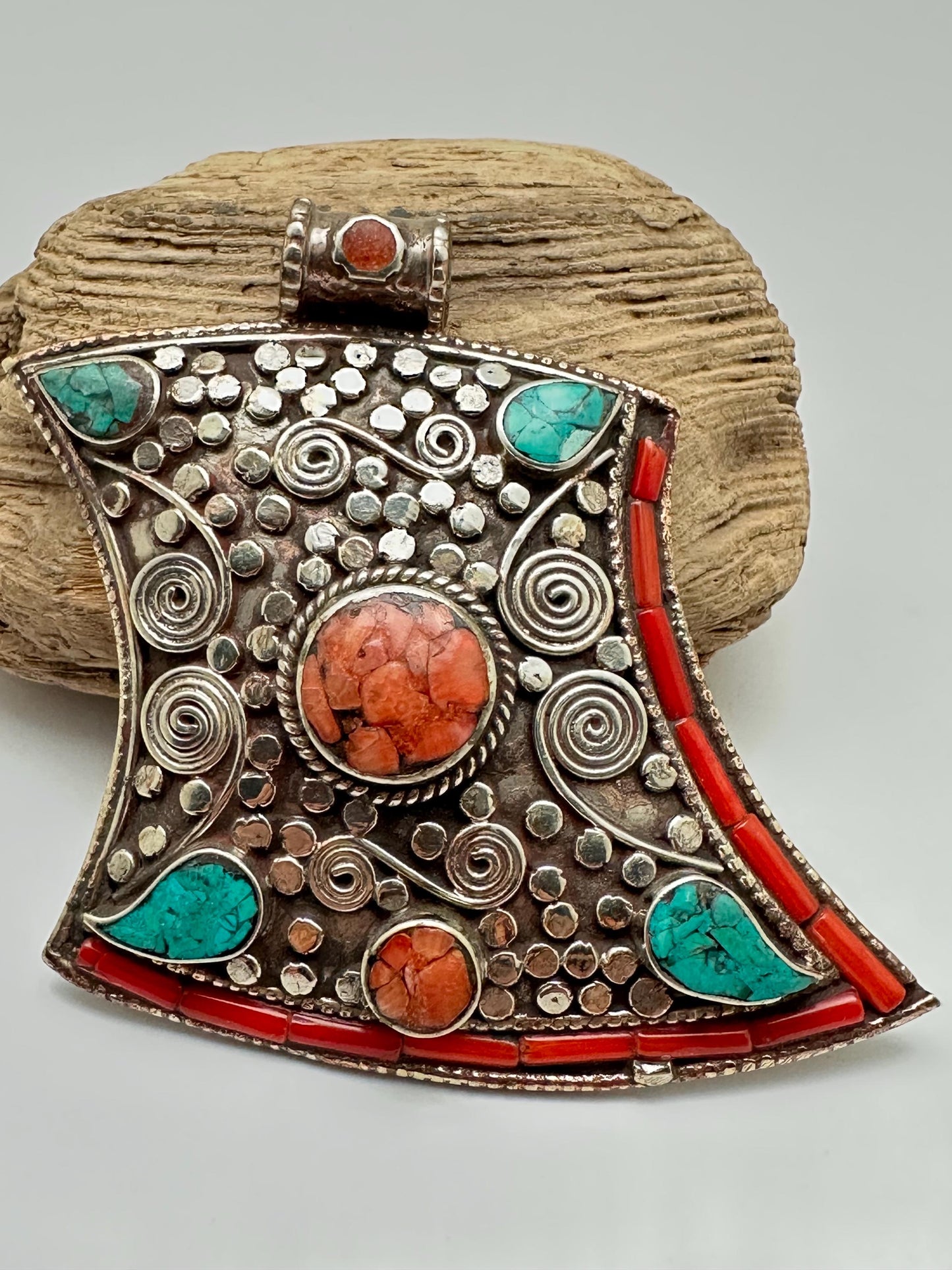 Handcrafted Turquoise Coral Inlaid Pendant, Ethnic Filigree Tibetan Silver (75mmX68mm)