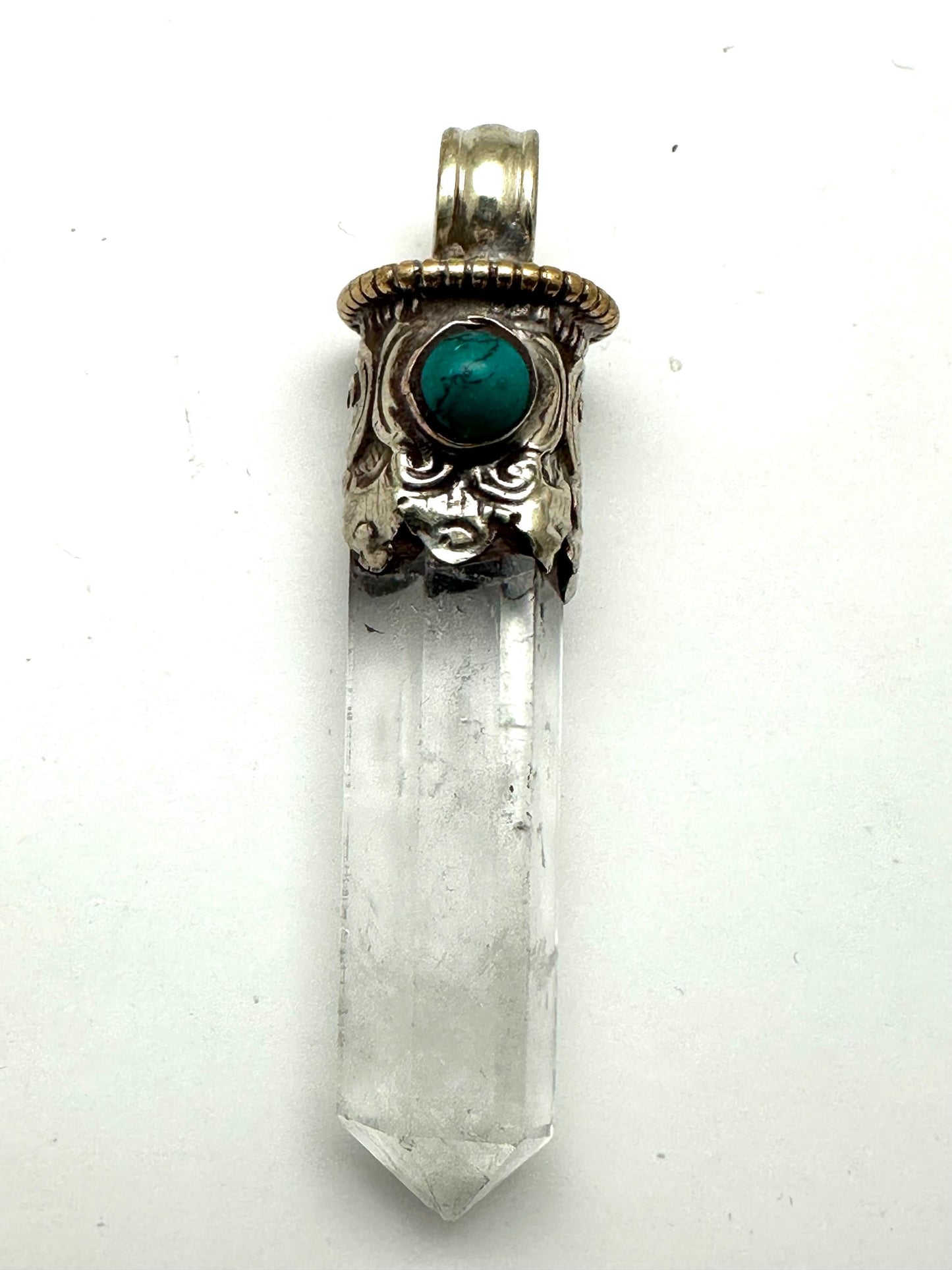 Quartz crystal point pendant,handcrafted,Turquoise ,Tibetan silver