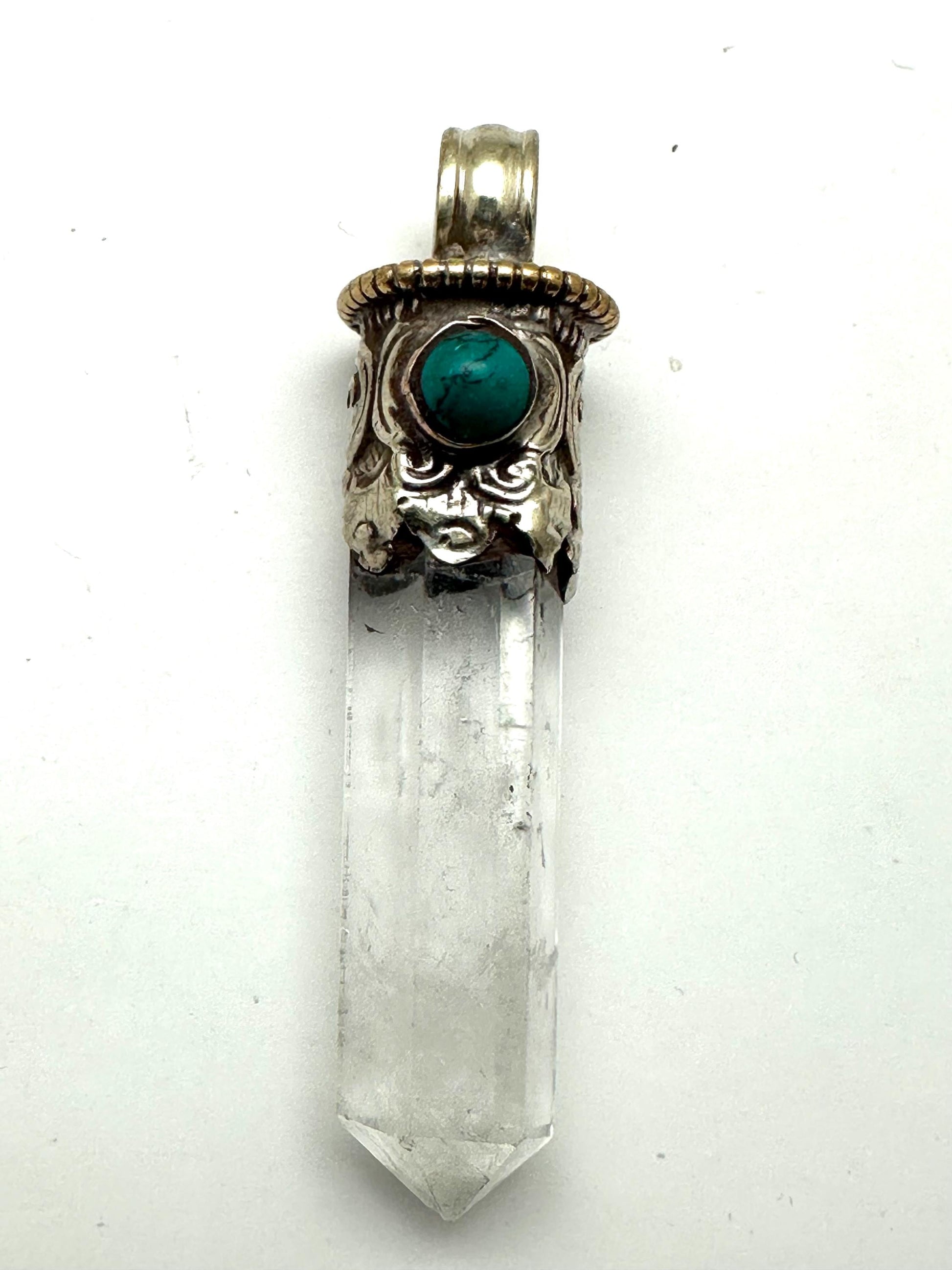 Quartz crystal point pendant,handcrafted,Turquoise ,Tibetan silver