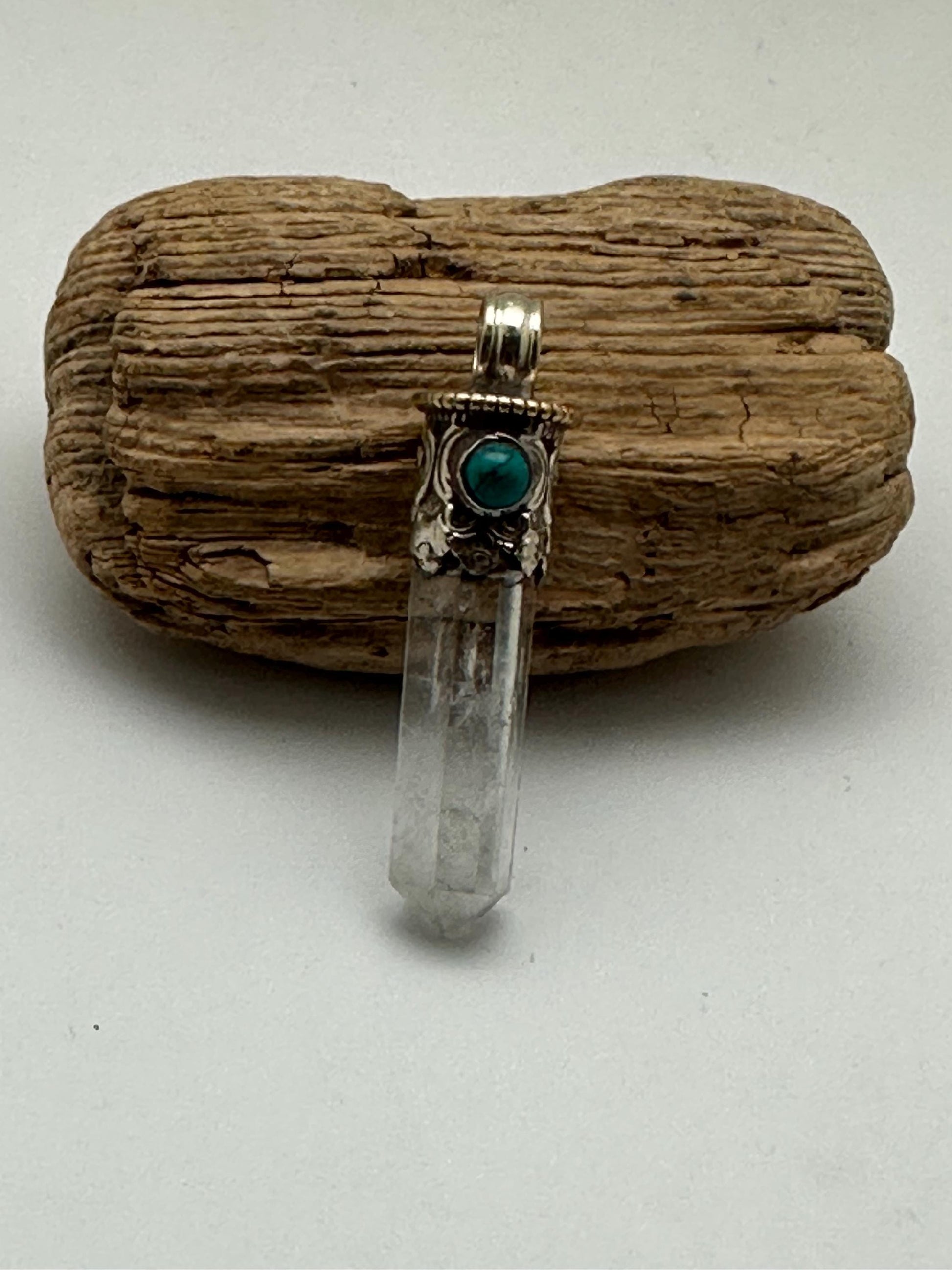 Quartz crystal point pendant,handcrafted,Turquoise ,Tibetan silver