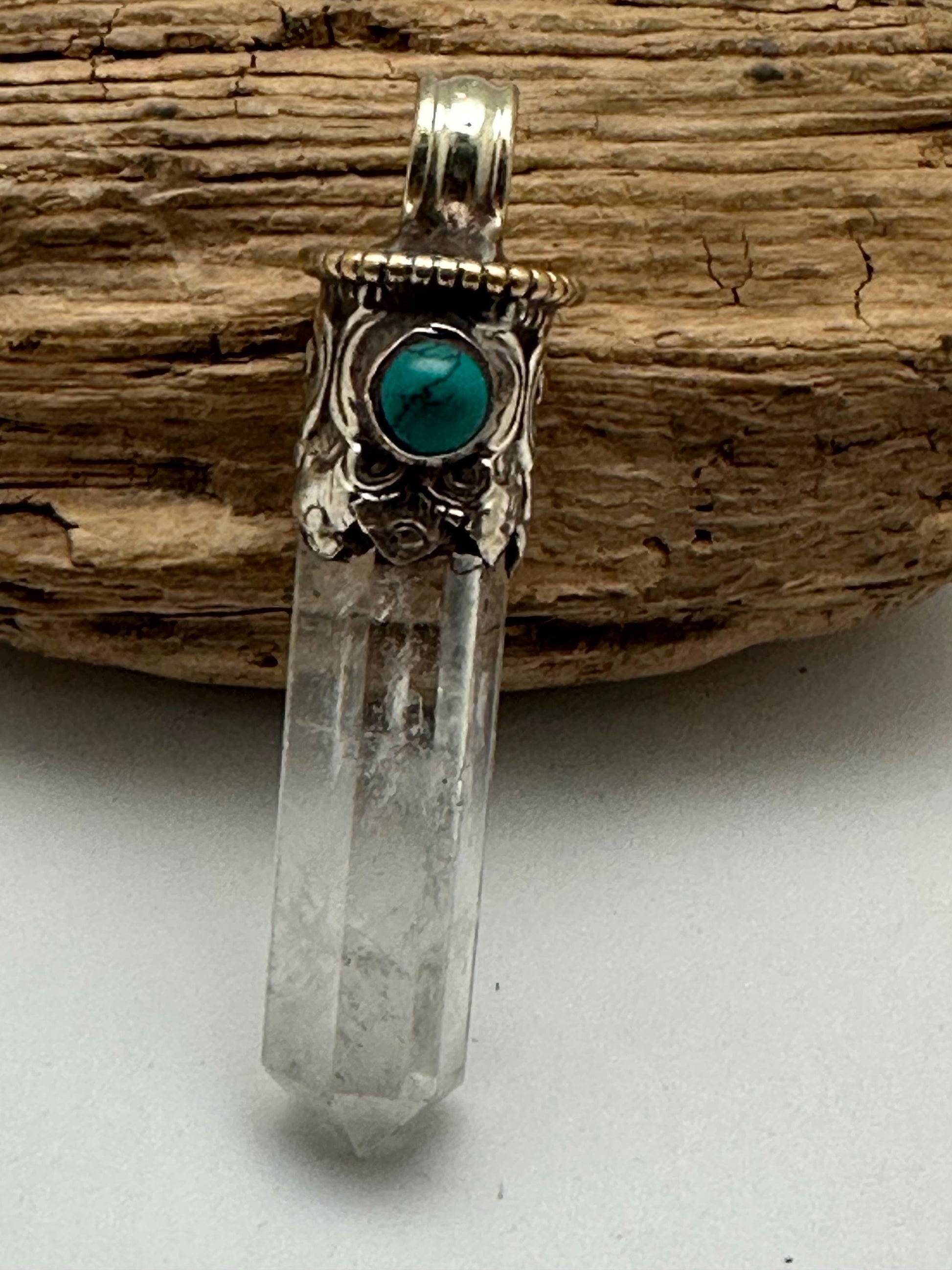Quartz crystal point pendant,handcrafted,Turquoise ,Tibetan silver