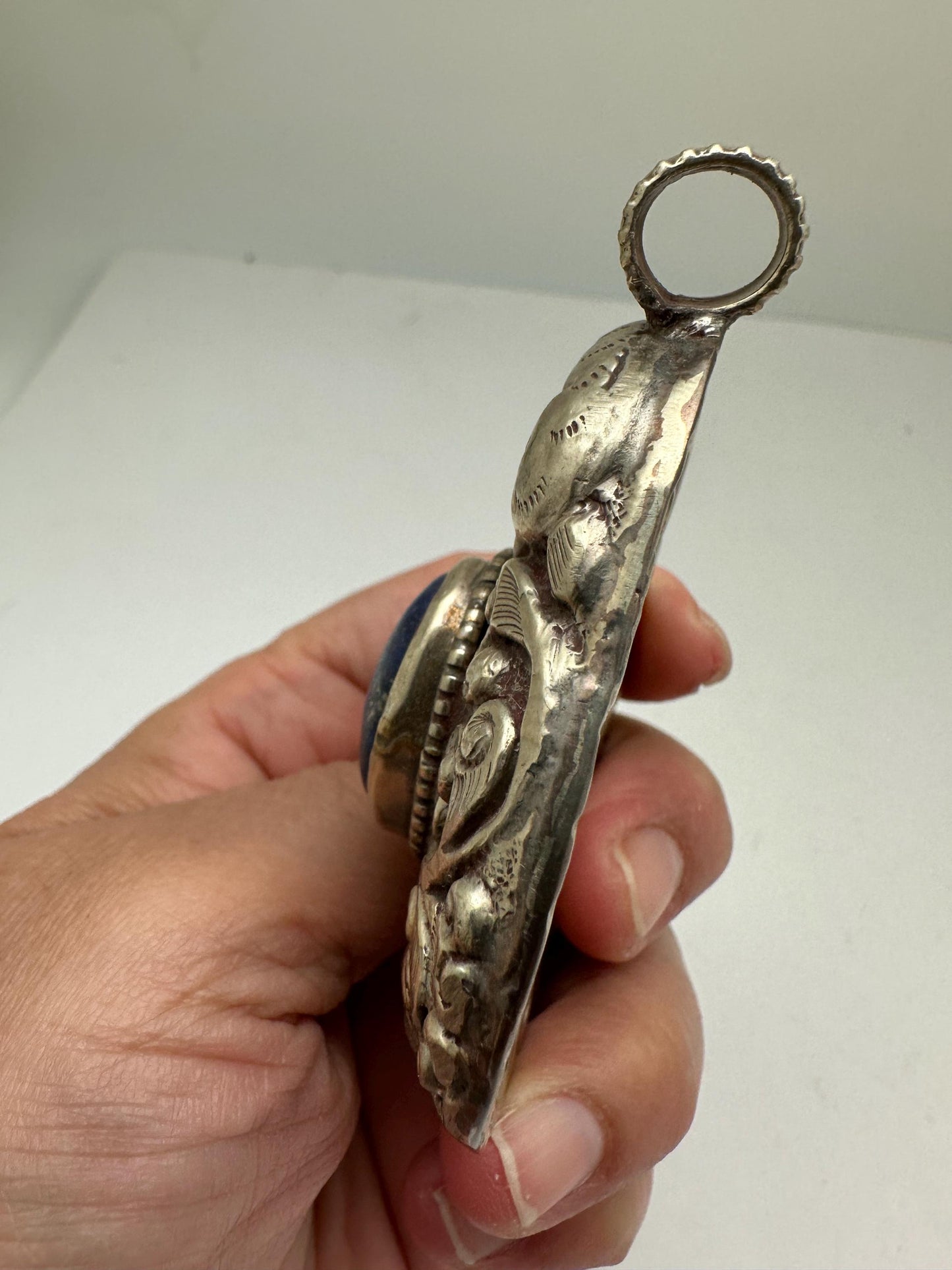 Lapis Lazuli Pendant, Handcrafted Tibetan Repoussé Silver, Animal Motif Jewelry