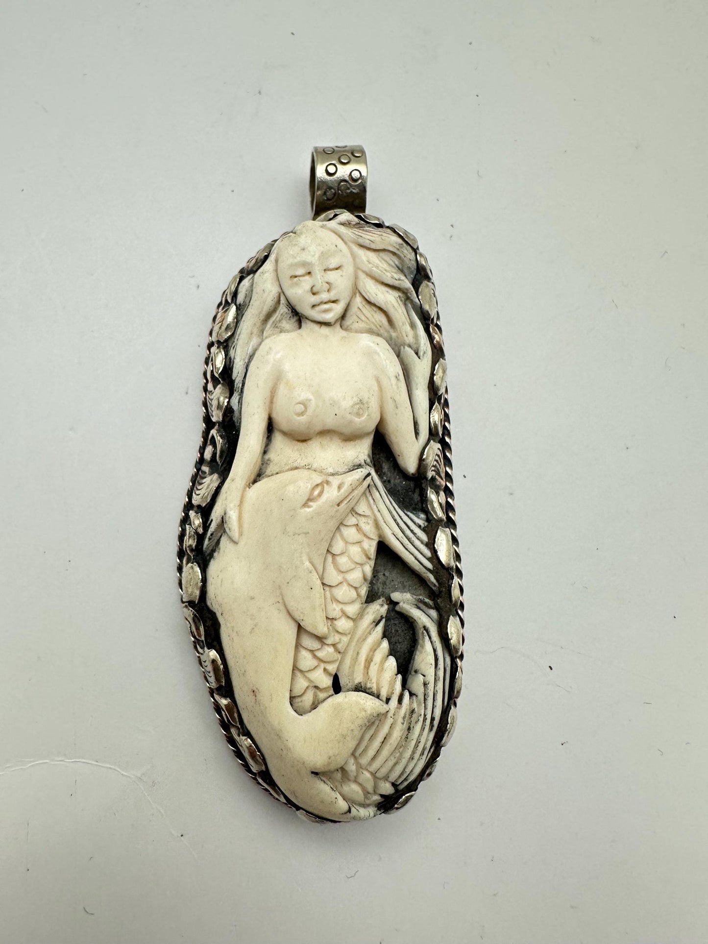 Bone carved mermaid and dolphin pendant, handcrafted, Tibetan silver,Nepalese,78mmX32mm